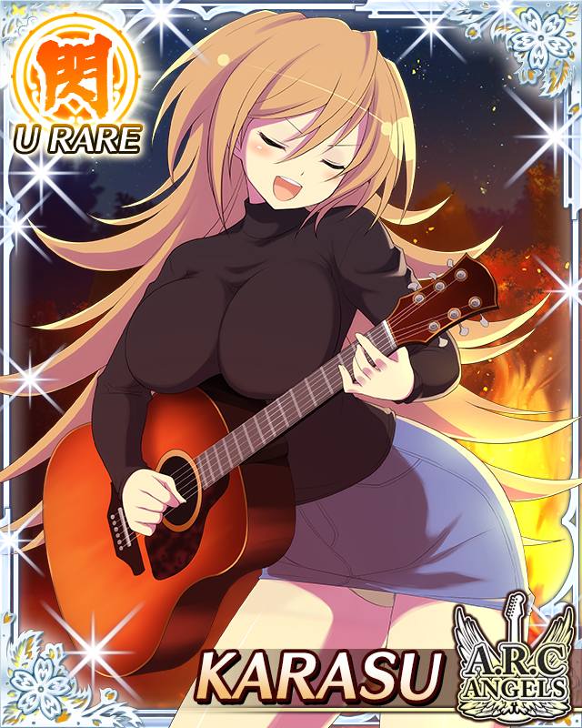 karasu (senran kagura), senran kagura, senran kagura new wave, game cg, official art, 1girl, :d, acoustic guitar, black shirt, border, breasts, brown hair, campfire, card (medium), character name, closed eyes, english text, fire, guitar, instrument, large breasts, long hair, music, night, open mouth, panties, pantyshot, pencil skirt, playing guitar, playing instrument, shirt, singing, skirt, smile, solo, underwear, yellow panties