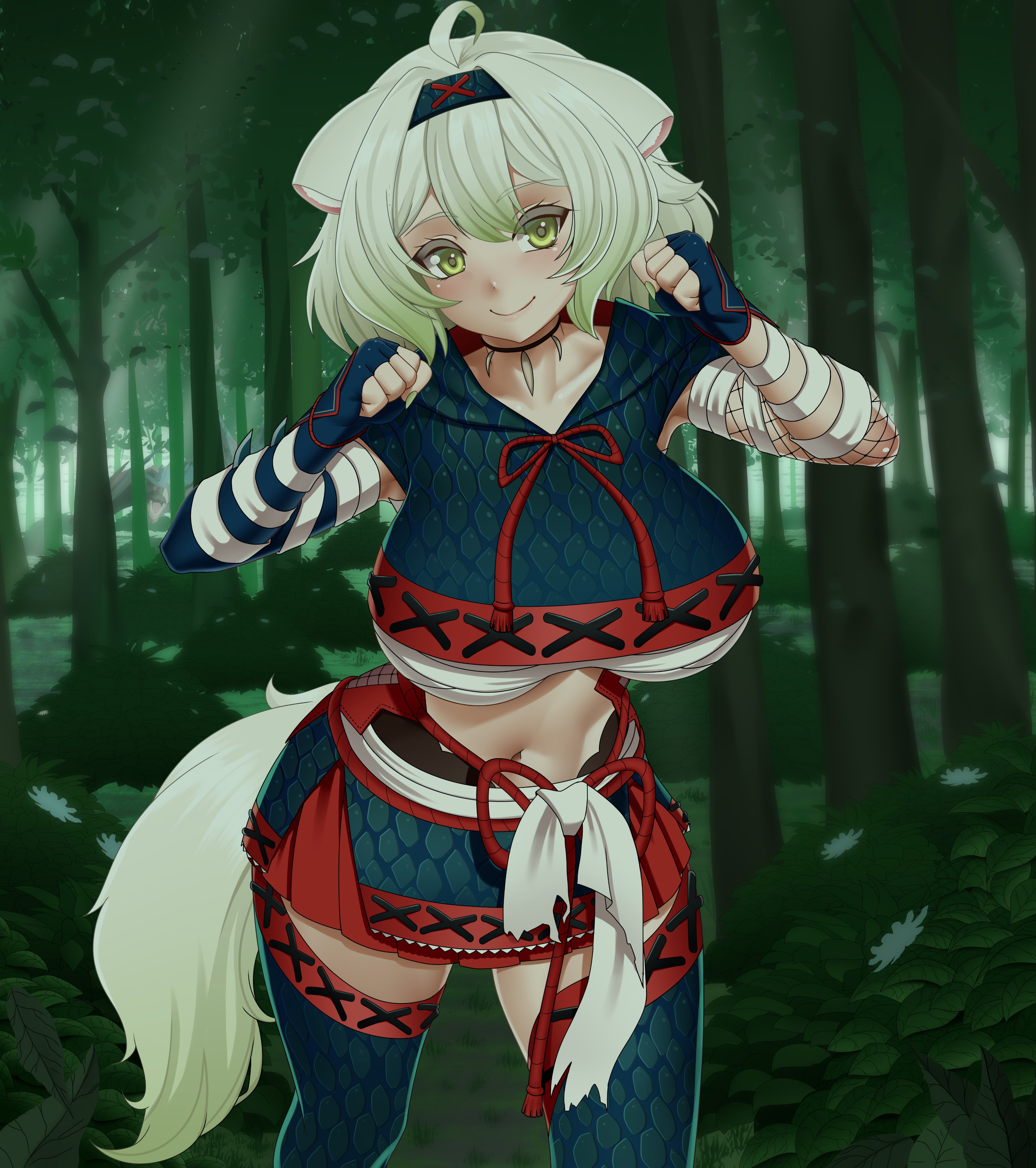 laimu (huntress) (vtuber), laimu (vtuber), indie virtual youtuber, absurdres, highres, 1girl, ahoge, animal ears, armor, breasts, bush, chest sarashi, clenched hands, ferret ears, ferret girl, ferret tail, fishnets, flower, forest, gradient tail, green eyes, green hair, green tail, hairband, iocusart45487, jewelry, large breasts, midriff, multicolored hair, multicolored tail, nargacuga (armor), nature, navel, necklace, outdoors, sarashi, short hair, smile, tail, thighs, tree, two-tone hair, two-tone tail, virtual youtuber, white hair