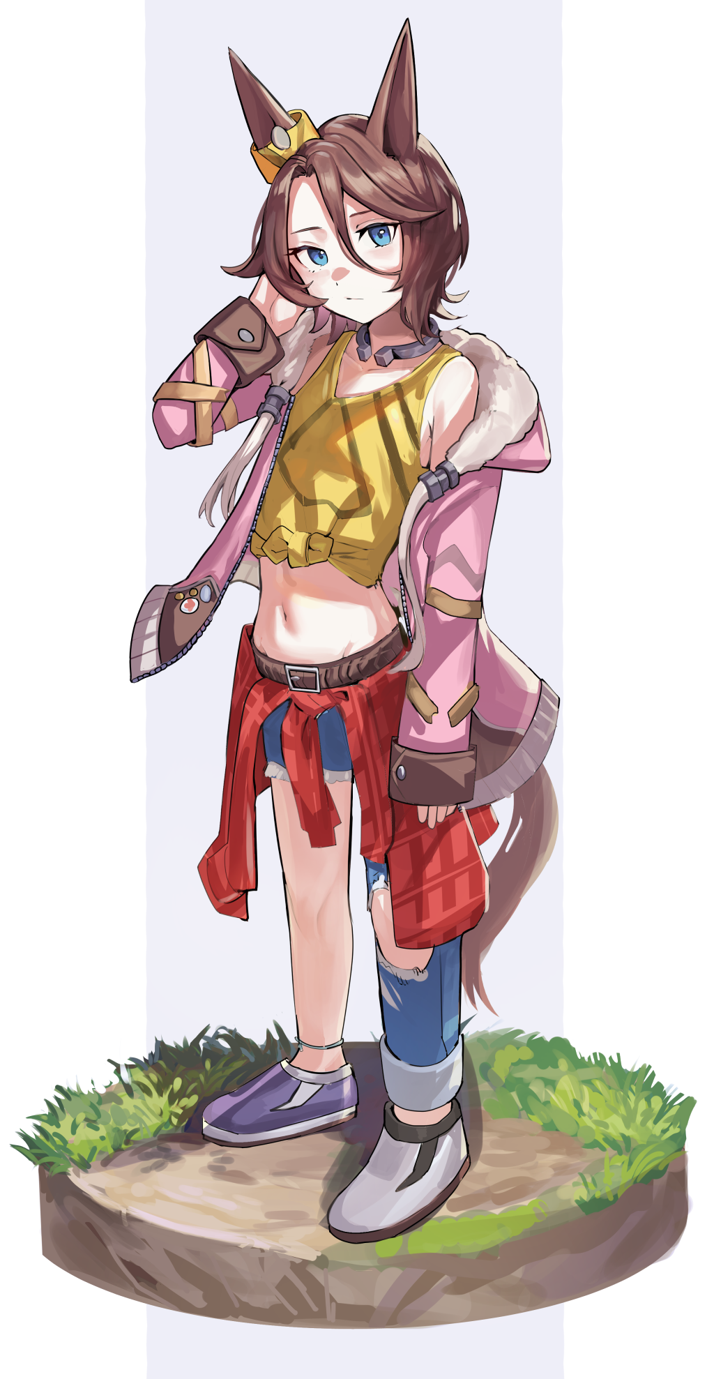 solokitsune, narita taishin (nevertheless) (umamusume), narita taishin (umamusume), umamusume, highres, 1girl, animal ears, asymmetrical clothes, asymmetrical footwear, asymmetrical legwear, belt, blue eyes, breasts, brown belt, brown hair, closed mouth, clothes around waist, collarbone, denim, ear ornament, full body, fur-trimmed jacket, fur trim, grass, hair between eyes, horse ears, horse girl, horse tail, horseshoe, jacket, jacket around waist, jeans, long sleeves, looking at viewer, midriff, mismatched footwear, navel, pants, pink jacket, shirt, shoes, short hair, single pantsleg, solo, standing, tachi-e, tail, tied shirt, torn clothes, torn jeans, torn pants, uneven legwear, yellow shirt