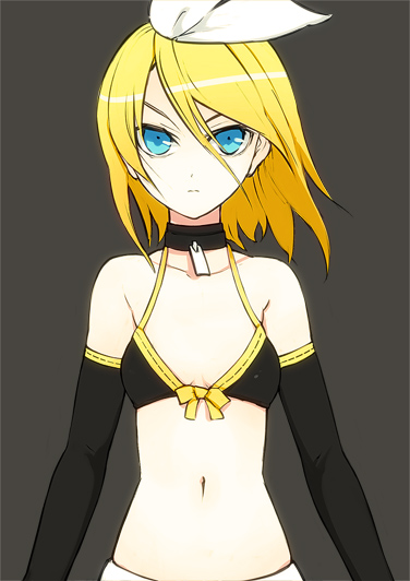 menou kururu, kagamine rin, overwrite (vocaloid), vocaloid, 1girl, bikini, bikini top only, blonde hair, blue eyes, detached sleeves, elbow gloves, female focus, gloves, midriff, navel, overwrite, short hair, simple background, solo, swimsuit
