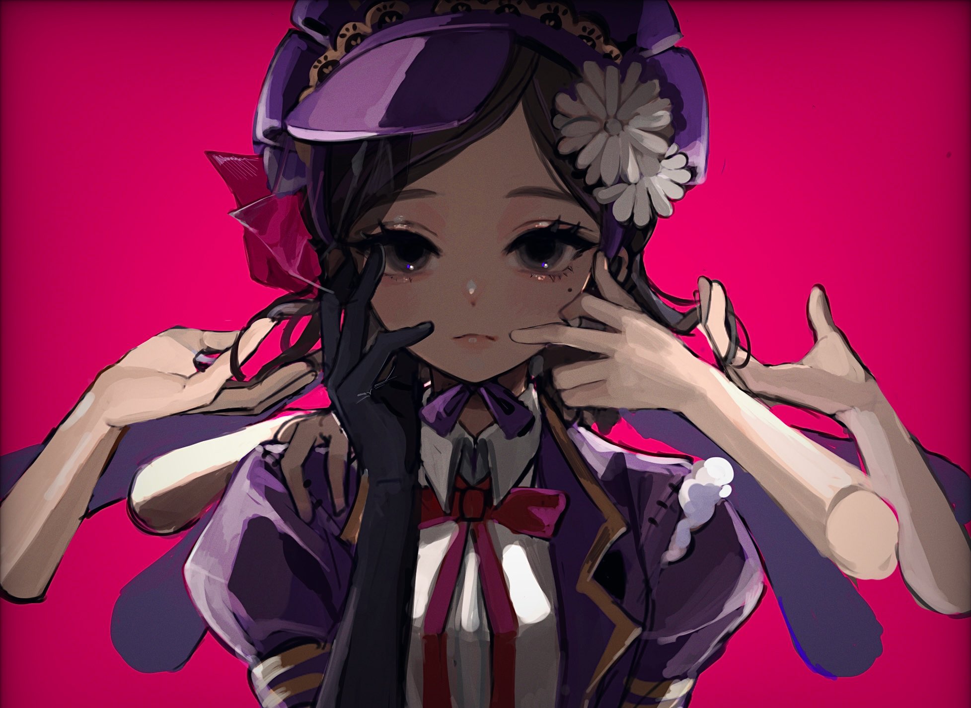 hoge (n8sss), vera nair, identity v, highres, 1girl, black gloves, blue jacket, bow, bowtie, brown hair, disembodied hand, elbow gloves, expressionless, flower, gloves, grey eyes, hair flower, hair ornament, hand on own face, jacket, looking at viewer, mole, mole under eye, official alternate costume, pink background, portrait, puffy sleeves, red bow, red bowtie, shirt, straight-on, stuffing, vera nair (regal maiden), white flower, white shirt