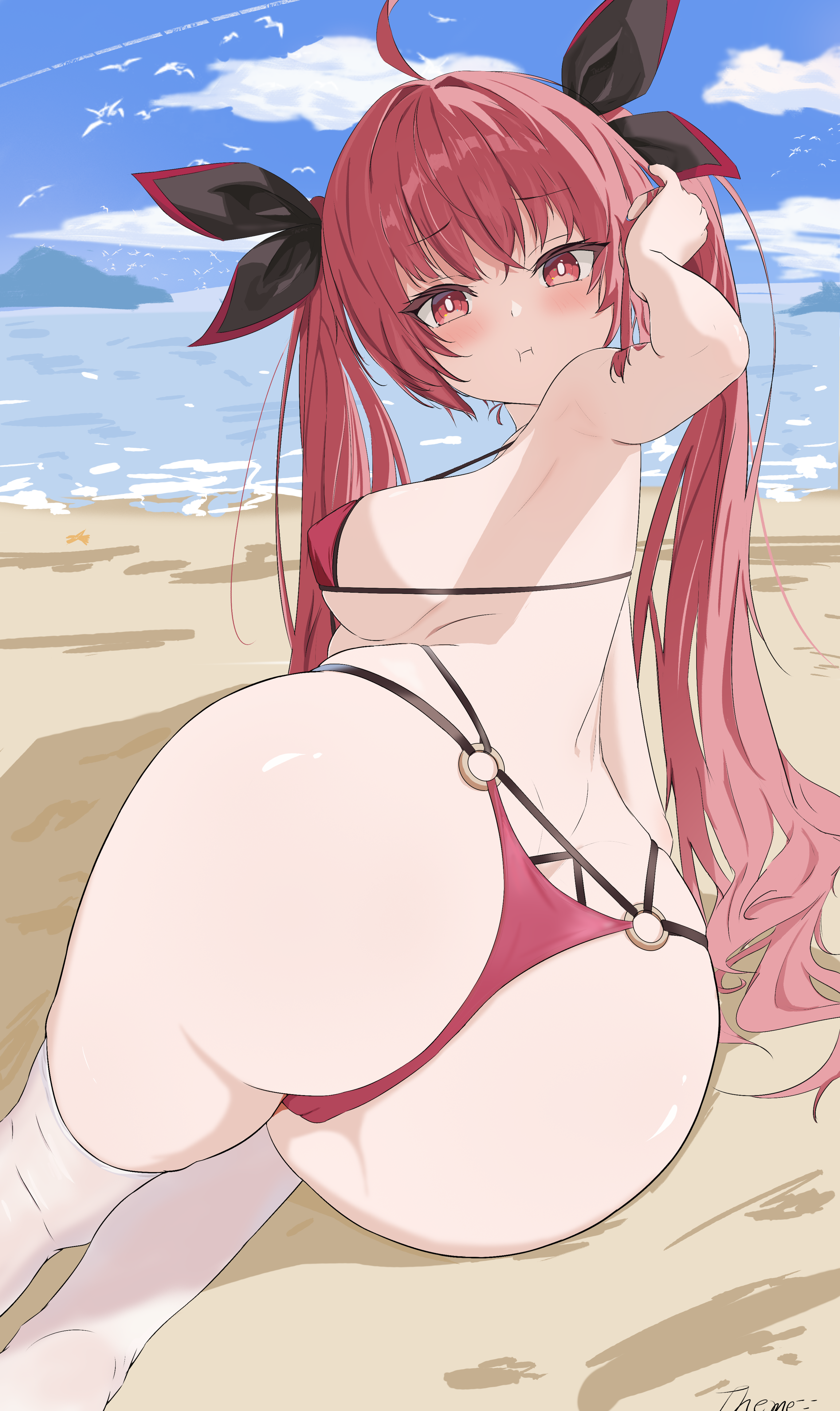 itsuka kotori, azur lane, date a live, absurdres, highres, 1girl, adjusting hair, ahoge, armpits, ass, beach, bikini, black ribbon, breasts, hair ribbon, hand up, itsuka kotori (waterside goddess), large breasts, long hair, looking at viewer, o-ring, o-ring bikini, ocean, official alternate costume, outdoors, pout, red bikini, red eyes, red hair, ribbon, sand, signature, solo, swimsuit, theme- -, thighhighs, twintails, water, white thighhighs