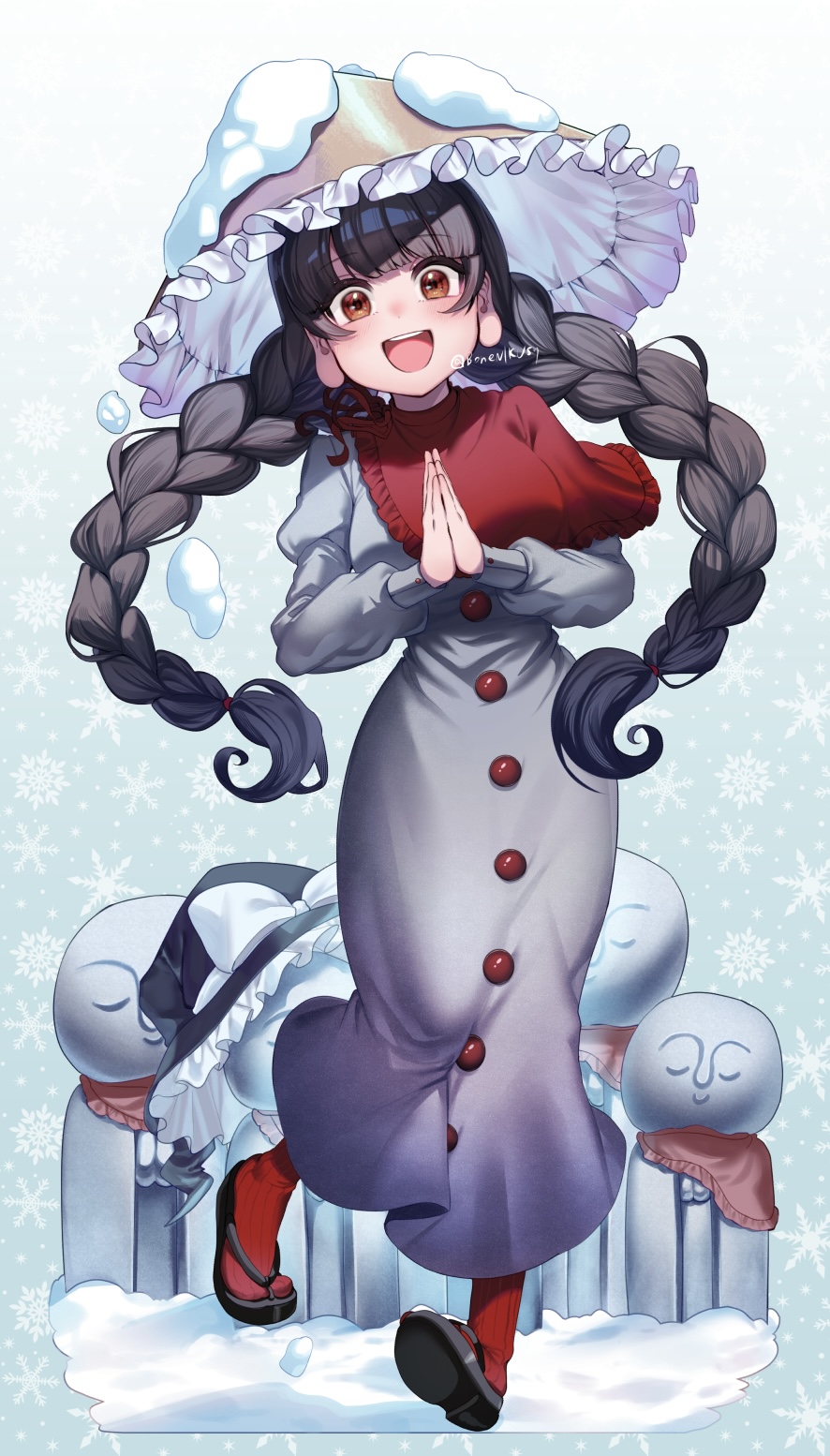 ishikawa sparerib, yatadera narumi, touhou, highres, 1girl, :d, ajirogasa, black hat, braid, brown eyes, brown hat, capelet, dress, grey dress, hat, jizou, long earlobes, looking at viewer, low twin braids, open mouth, palms together, red capelet, red socks, smile, snow, snow on headwear, socks, solo, teeth, twin braids, unworn hat, unworn headwear, upper teeth only, witch hat