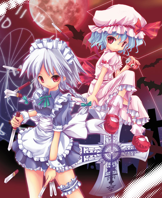 ms06s, izayoi sakuya, remilia scarlet, embodiment of scarlet devil, touhou, silver hair, 2girls, bat wings, blue hair, braid, can, dress, female focus, hat, knife, maid, maid headdress, moon, multiple girls, outdoors, red eyes, red moon, short hair, skirt, sky, twin braids, wings