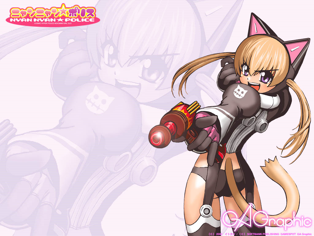 itokatsu, gagraphic, nyan nyan police, light brown hair, character request, 00s, 2002, angry, animal ears, black panties, blonde hair, bodysuit, boots, cat ears, cat tail, energy gun, fake animal ears, from behind, garter straps, gloves, gun, panties, purple eyes, ray gun, scanlines, short hair, shoulder pads, solo, tail, thigh boots, thighhighs, twintails, underwear, weapon, zoom layer