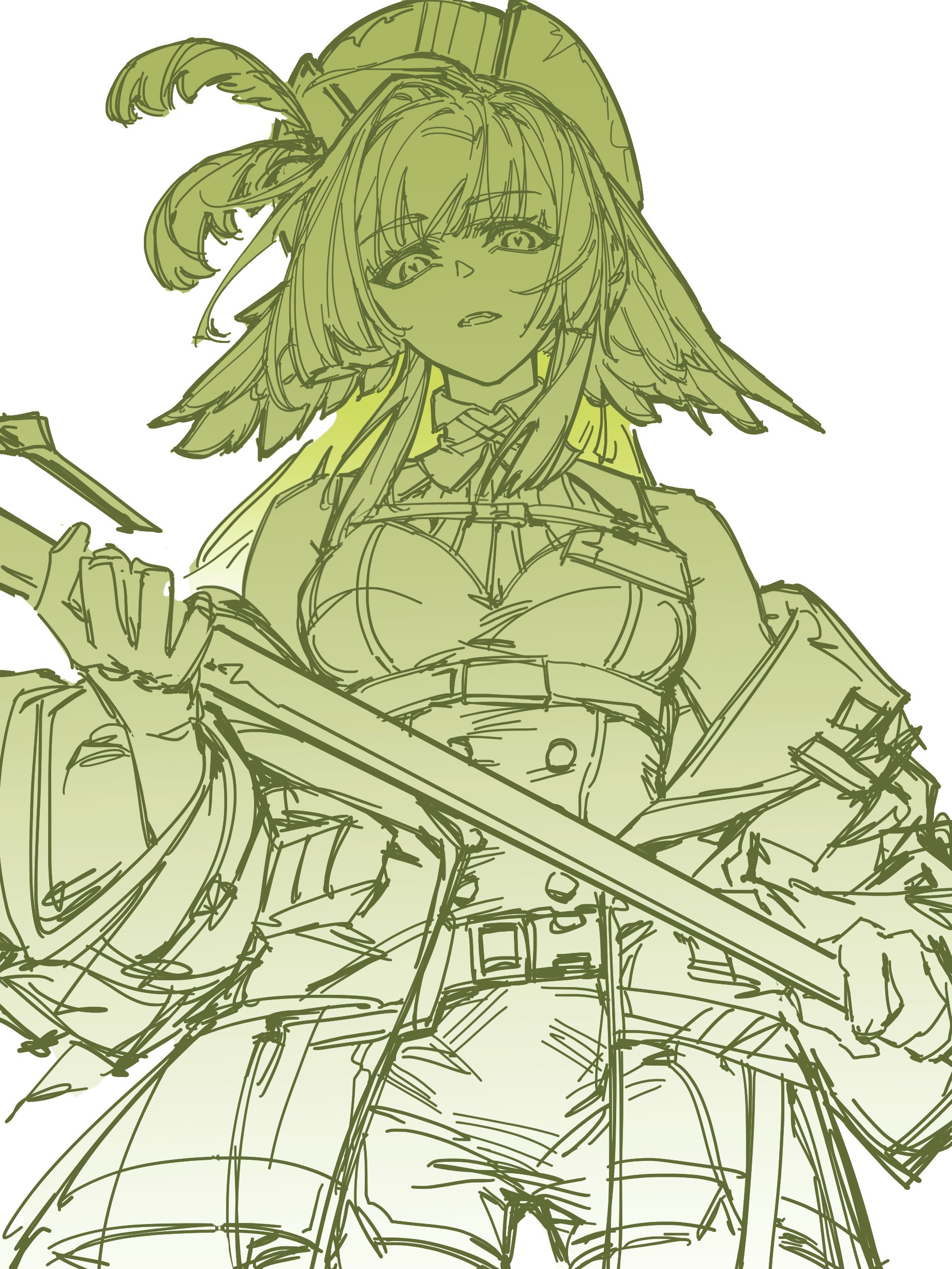 poncirus (arknights), arknights, absurdres, highres, 1girl, bare shoulders, breasts, cowboy shot, green theme, hat feather, head wings, holding, holding weapon, jacket, long hair, looking at viewer, monochrome, off shoulder, open clothes, open jacket, open mouth, shirt, shorts, simple background, sleeveless, sleeveless shirt, small breasts, solo, tozhyng244119, weapon, white background, wings