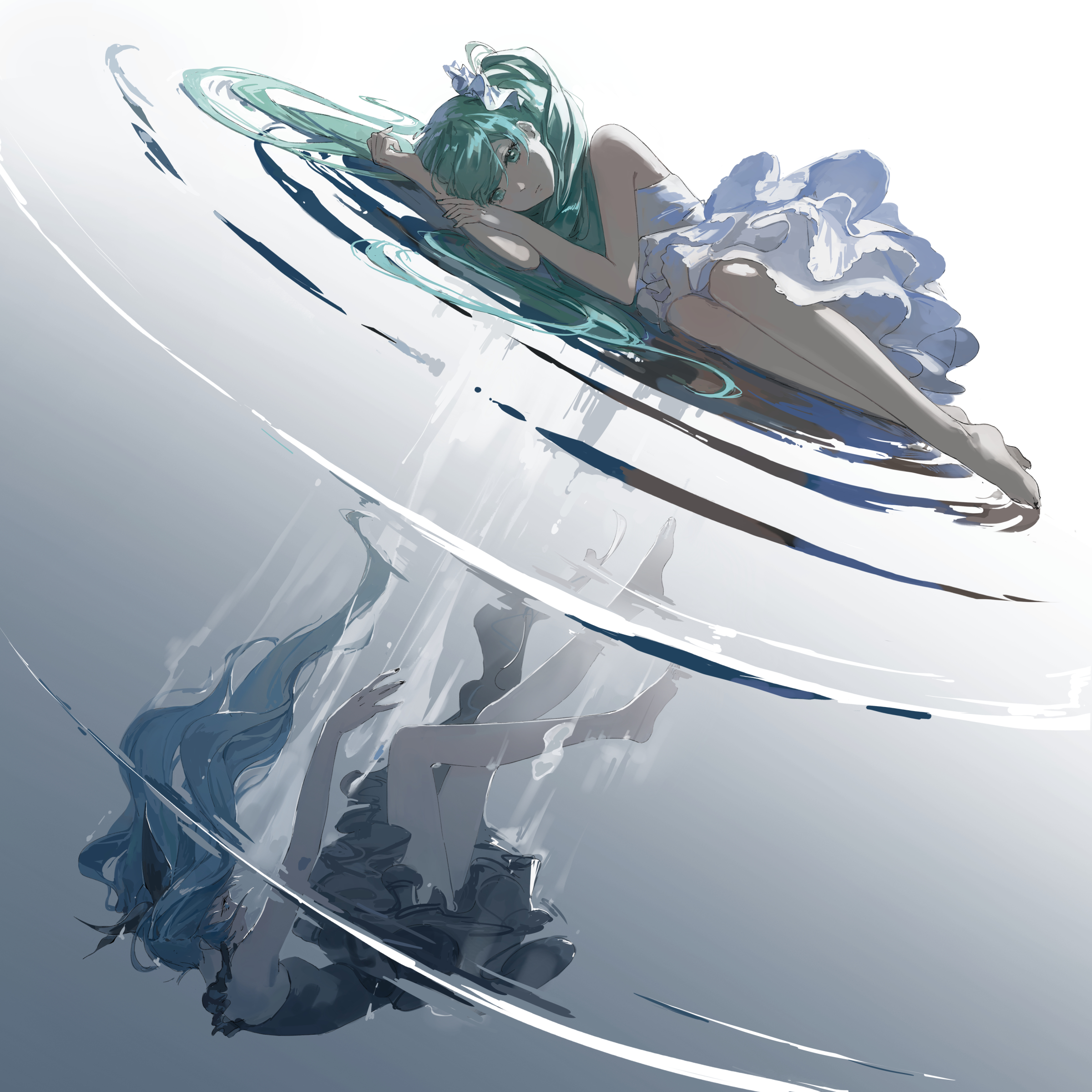 hatsune miku, shinkai shoujo (vocaloid), vocaloid, absurdres, highres, 2girls, aqua hair, barefoot, black dress, dress, dual persona, gradient background, long hair, lying, multiple girls, on side, qianyaoyi, ripples, sideways mouth, very long hair, white dress