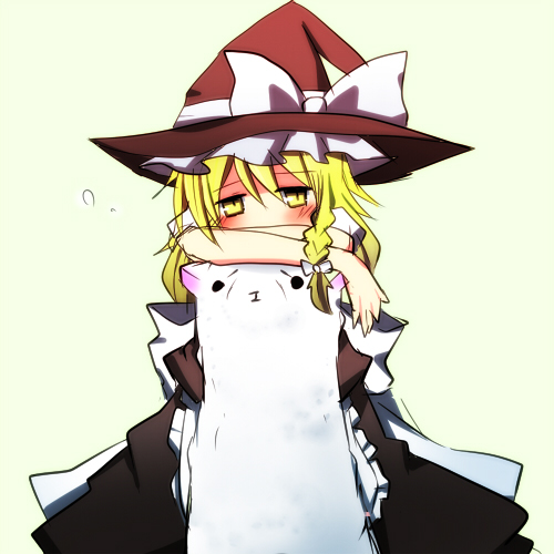 pasutel, kirisame marisa, touhou, bad id, bad pixiv id, lowres, 1girl, alpaca, blonde hair, blush, braid, crossed arms, female focus, ferret, hat, head rest, side braid, solo, witch, witch hat, yellow eyes