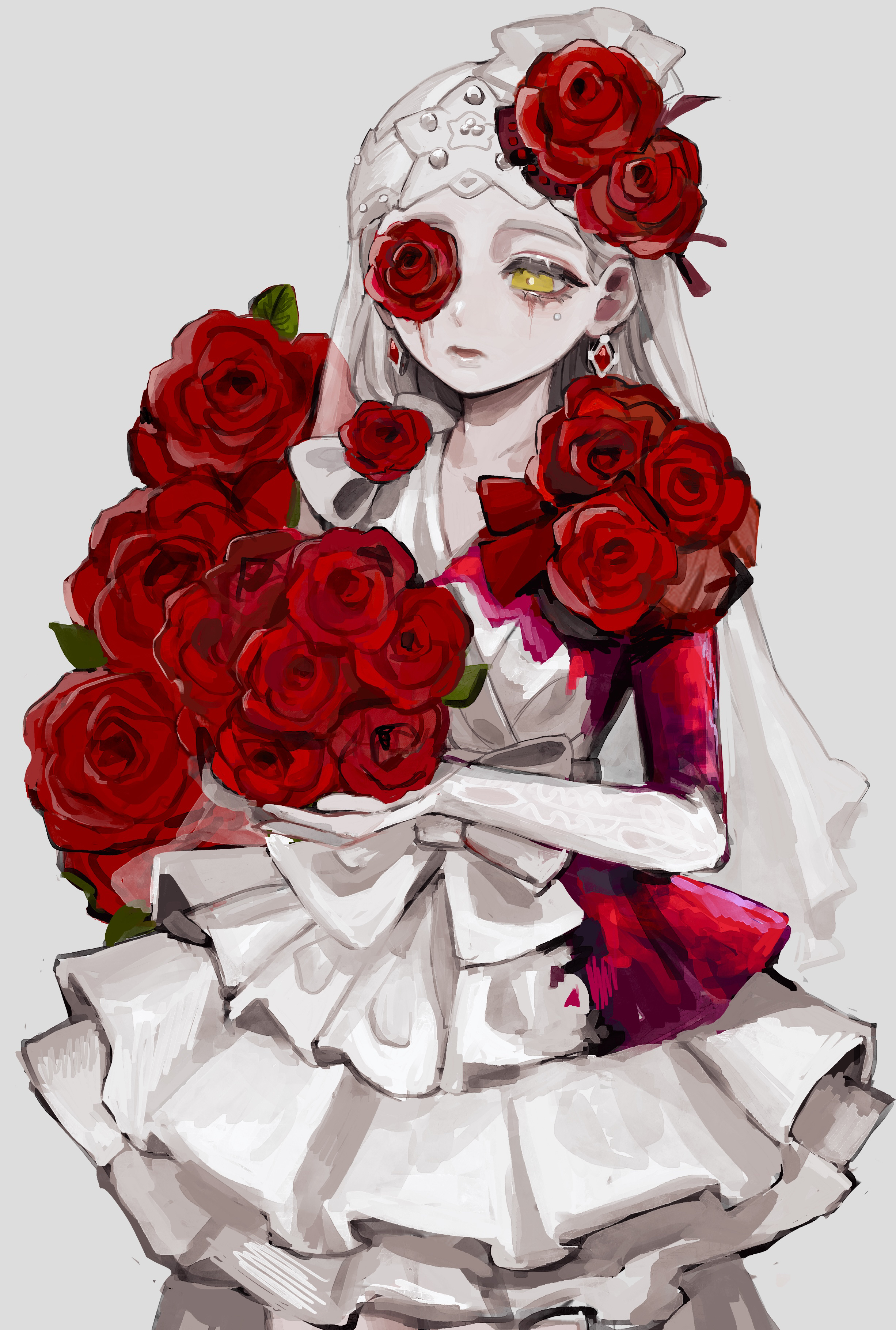 hoge (n8sss), vera nair, vera nair (crimson bride), identity v, absurdres, highres, 1girl, bouquet, bow, bridal veil, bright pupils, dress, dress bow, dress flower, earrings, elbow gloves, eyelashes, flower, flower ornament, flower over eye, frown, gloves, grey hair, half-closed eyes, holding, holding bouquet, jewelry, layered dress, makeup, official alternate costume, red flower, red gloves, red lips, red rose, rose, runny makeup, solo, two-tone gloves, veil, white bow, white dress, white gloves, white pupils, white veil, yellow eyes