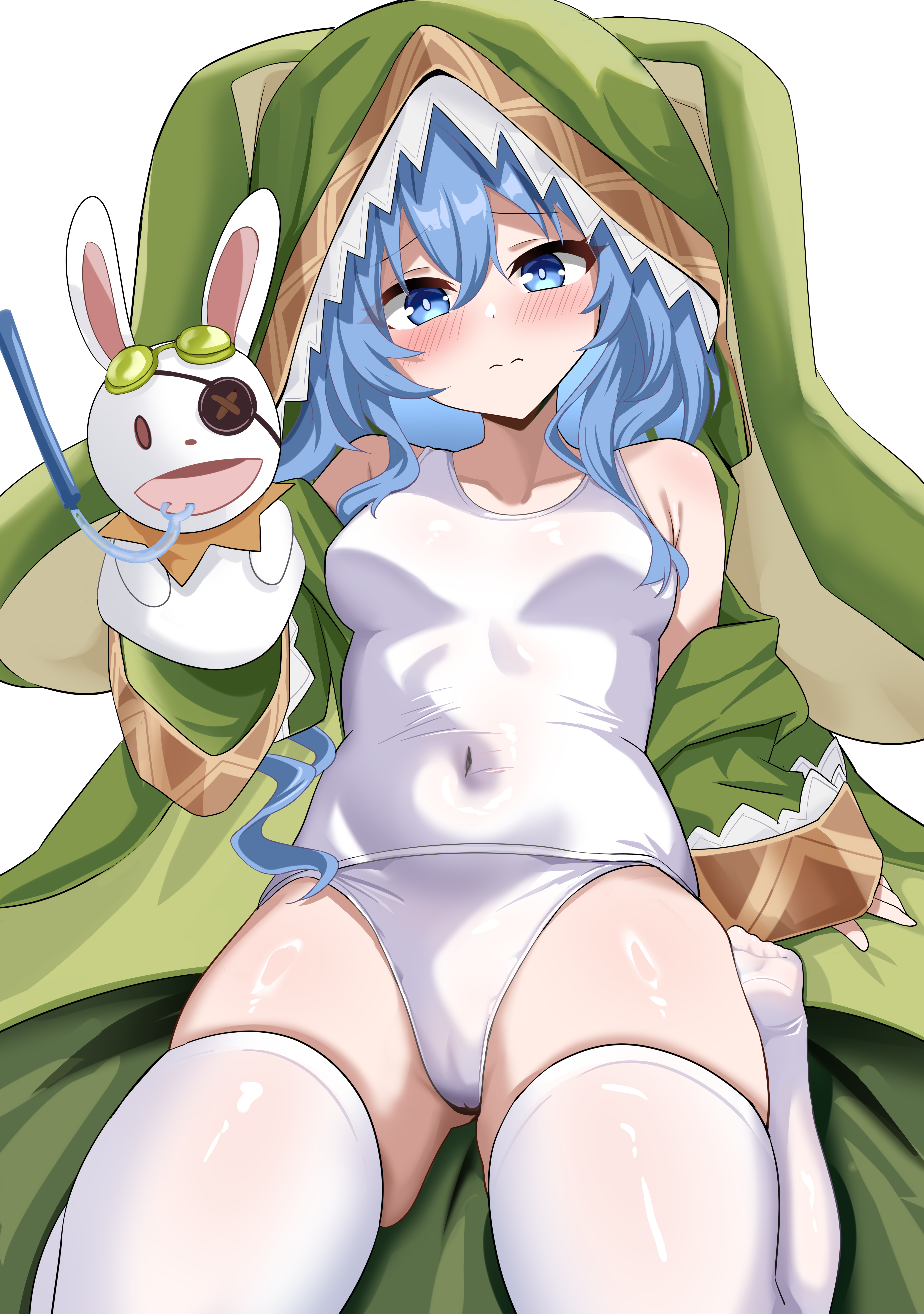 hci+, himekawa yoshino, yoshinon, azur lane, date a live, absurdres, highres, 1girl, animal hood, blue eyes, blue hair, blush, breasts, cameltoe, closed mouth, covered navel, green hood, hand puppet, hand up, himekawa yoshino (secret base), hood, long hair, looking at viewer, official alternate costume, one-piece swimsuit, puppet, simple background, skindentation, small breasts, swimsuit, thighhighs, white background, white one-piece swimsuit, white thighhighs