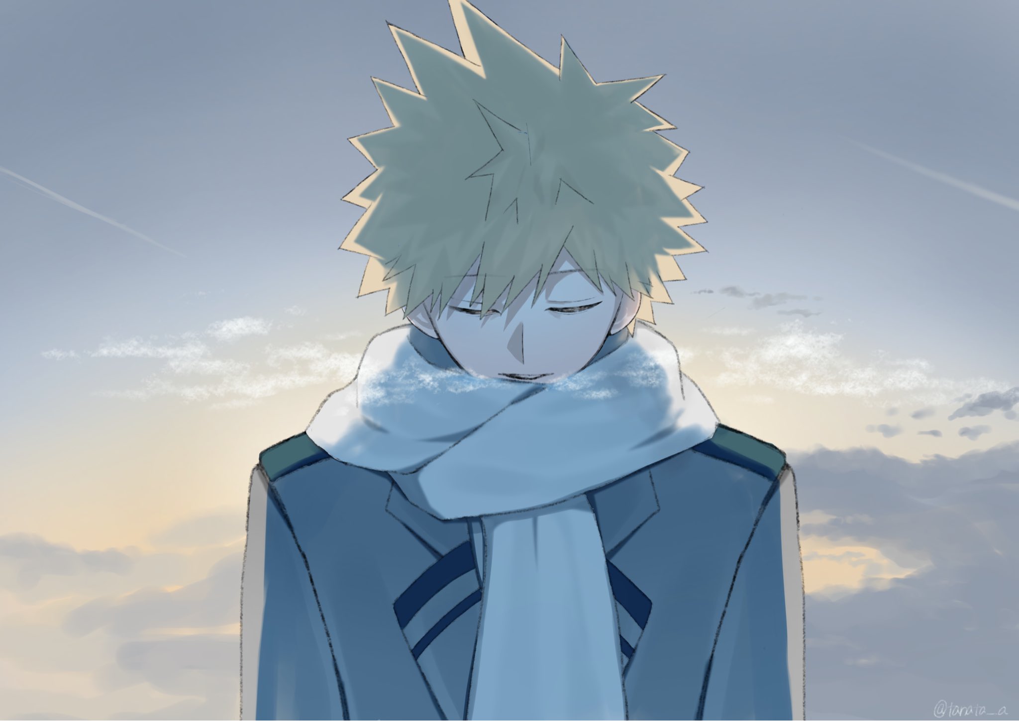bakugou katsuki, boku no hero academia, highres, 1boy, blonde hair, breath, cloud, cloudy sky, contrail, grey jacket, jacket, lapels, male focus, notched lapels, outdoors, scarf, school uniform, short hair, sky, solo, spiked hair, tanata a, u.a. school uniform, upper body, white scarf