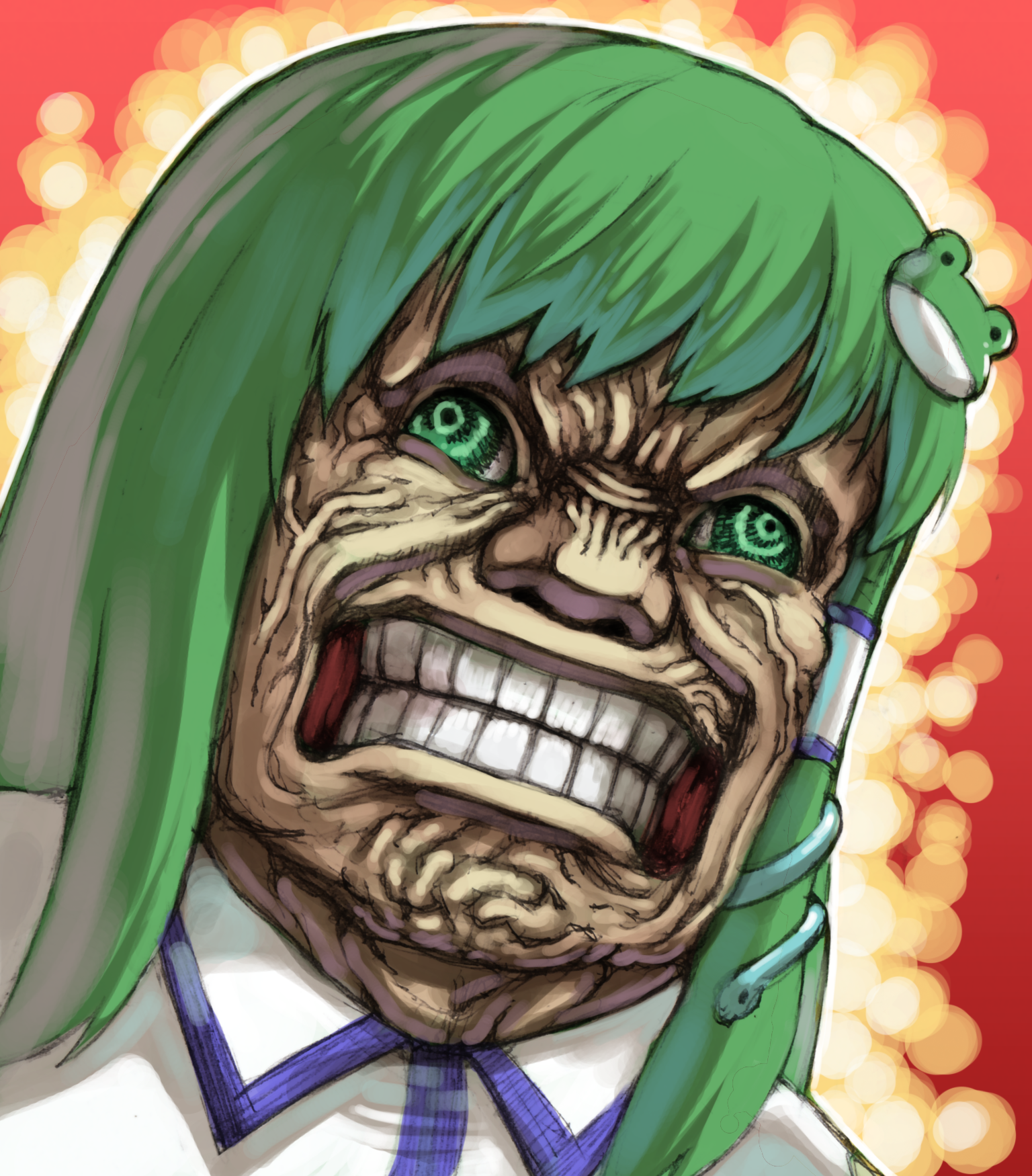 takeda kanryuusai, kochiya sanae, mozgus (berserk), berserk, touhou, bad id, bad pixiv id, derivative work, highres, 1girl, angry, clenched teeth, female focus, green eyes, green hair, hair ornament, long hair, matching hair/eyes, parody, scowl, snarl, solo, style parody, teeth