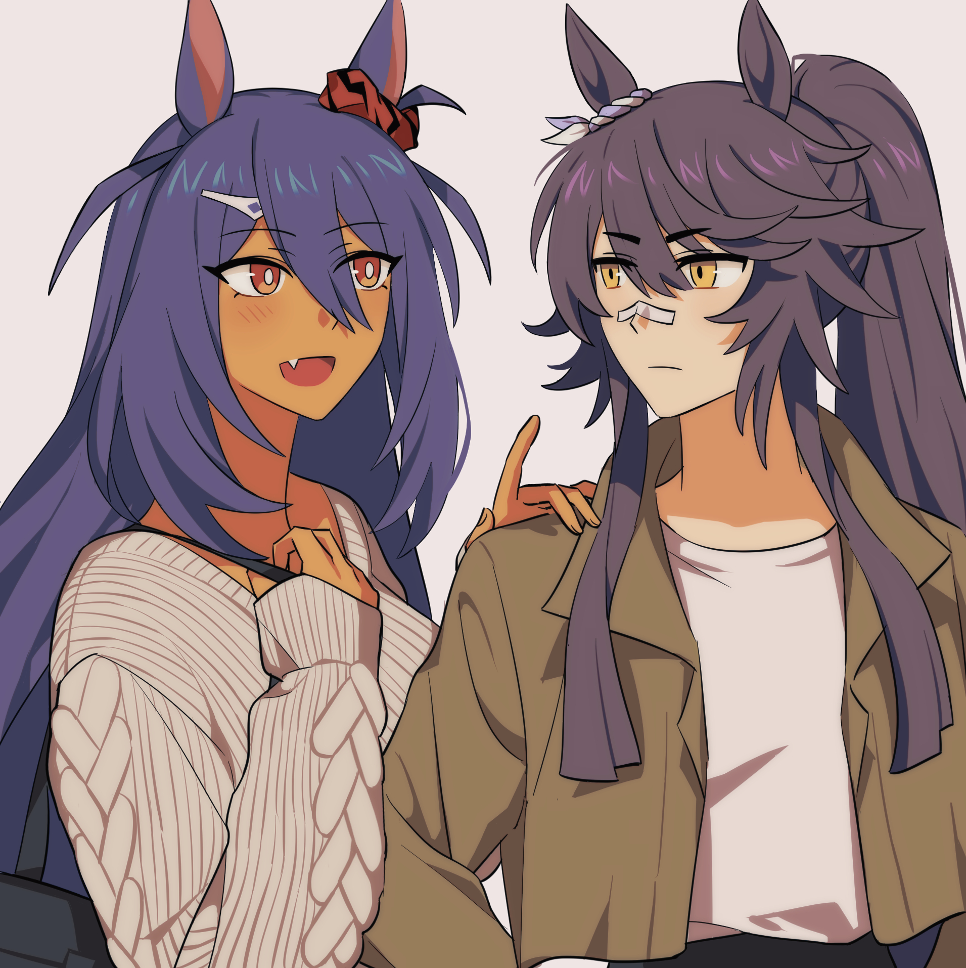 hishi amazon (umamusume), narita brian (umamusume), umamusume, highres, 2girls, animal ears, bandaid, bandaid on face, bandaid on nose, black hair, blush, breasts, brown jacket, closed mouth, dark-skinned female, dark skin, ear ornament, ear scrunchie, fang, hair between eyes, hair ornament, hairclip, horse ears, horse girl, hwipa (param blue), jacket, long hair, long sleeves, multiple girls, open mouth, pants, ponytail, red eyes, red scrunchie, ribbed sweater, scrunchie, shirt, simple background, smile, striped clothes, striped scrunchie, sweater, upper body, very long hair, white shirt, white sweater, yellow eyes