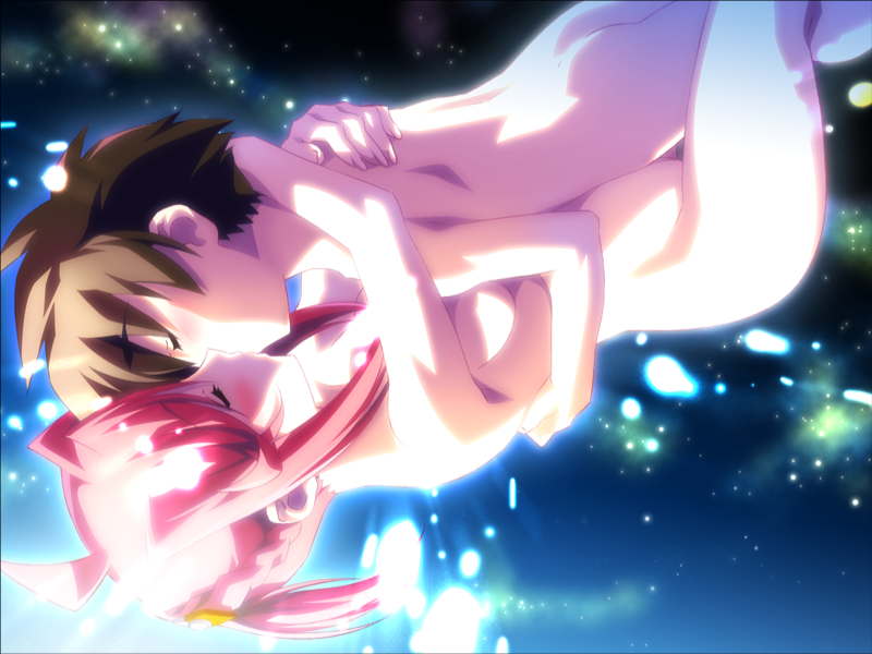 artist request, character request, copyright request, tagme, 1boy, 1girl, breasts, brown hair, closed eyes, hetero, hug, kiss, nude, pink hair, sex, short hair, small breasts, space, thighs