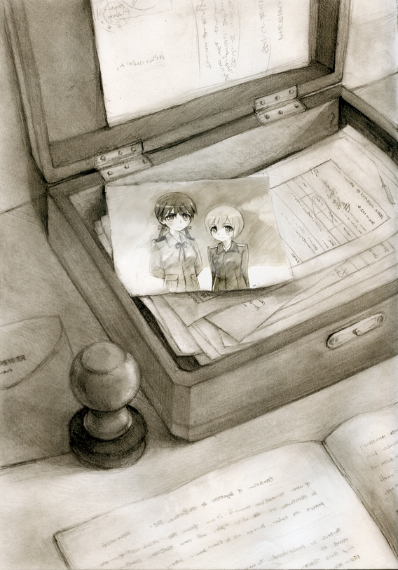 kisetsu, erica hartmann, gertrud barkhorn, strike witches, world witches series, uniform, bad id, bad pixiv id, traditional media, 00s, 2girls, briefcase, long hair, monochrome, multiple girls, photo (object), sepia, short hair, sketch, twintails