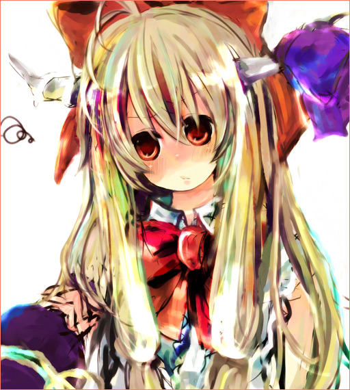 ohomo, ibuki suika, touhou, bad id, bad pixiv id, 1girl, blonde hair, female focus, hair ribbon, horns, long hair, red eyes, ribbon, solo, upper body, white background