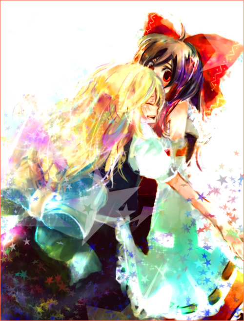 ohomo, hakurei reimu, kirisame marisa, touhou, bad id, bad pixiv id, 2girls, black hair, blonde hair, bow, closed eyes, female focus, hair bow, hug, multiple girls, white background