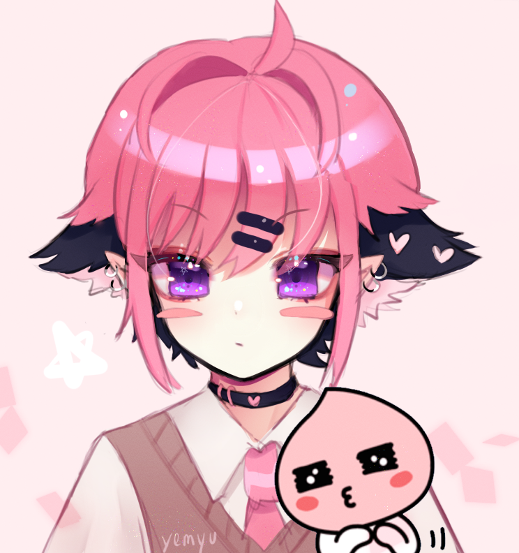 cloud (lufaeris), original, commentary, english commentary, 1boy, ahoge, black choker, blush stickers, choker, closed mouth, ear piercing, hair ornament, hairclip, looking at viewer, male focus, parallel hairclips, piercing, pink hair, pointy ears, purple eyes, shirt, short hair, solo, swept bangs, upper body, white shirt