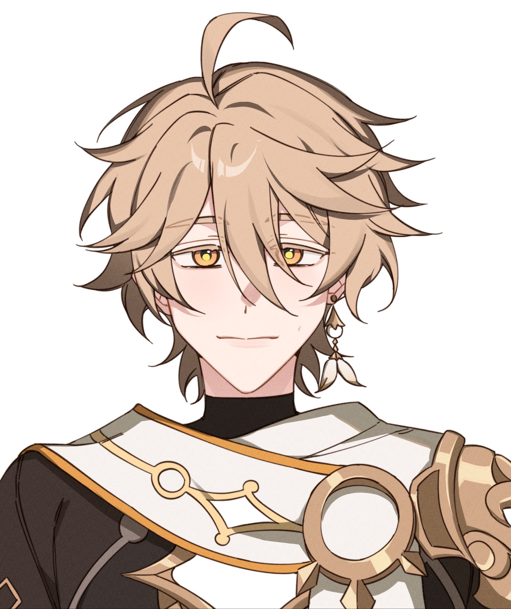 majunjuu, aether (genshin impact), genshin impact, commentary, english commentary, highres, 1boy, ahoge, armor, blonde hair, brown eyes, brown shirt, closed mouth, earrings, gold trim, hair between eyes, huge ahoge, jewelry, lips, looking at viewer, male focus, scarf, shirt, short hair, short sleeves, shoulder armor, single earring, solo, turtleneck, turtleneck shirt, upper body, white scarf, yellow pupils