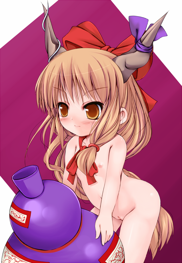 fushuu, ibuki suika, touhou, bad link, 1girl, blush, bottle, brown eyes, brown hair, cleft of venus, female focus, flat chest, gourd, horns, loli, long hair, nipples, nude, pussy, ribbon, solo, very long hair
