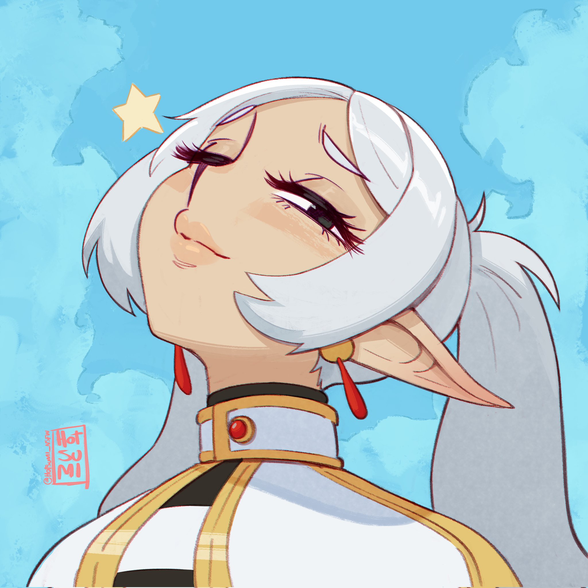 hotsumi, frieren, sousou no frieren, highres, 1girl, capelet, clear sky, cropped shoulders, earrings, elf, floating earrings, gold trim, hair over shoulder, jewelry, long pointy ears, meme, parted bangs, pointy ears, shirt, signature, sky, solo, striped clothes, striped shirt, teardrop earrings, twintails, upward angle frieren drawing (meme), white capelet