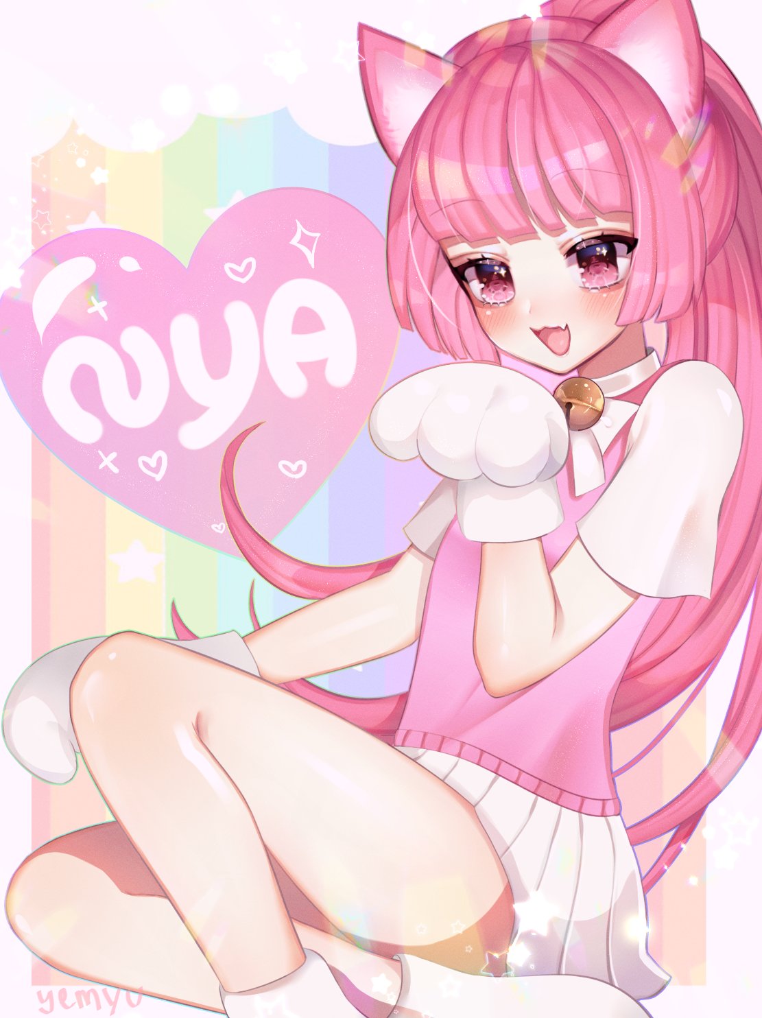 cloud (lufaeris), original, commentary, english commentary, highres, 1girl, animal ears, animal hands, bell, black eyes, black hair, blunt bangs, cat ears, cat girl, gloves, heart, jingle bell, long hair, looking at viewer, miniskirt, nyan, open mouth, paw gloves, pink shirt, shirt, short sleeves, skirt, smile, solo, white skirt
