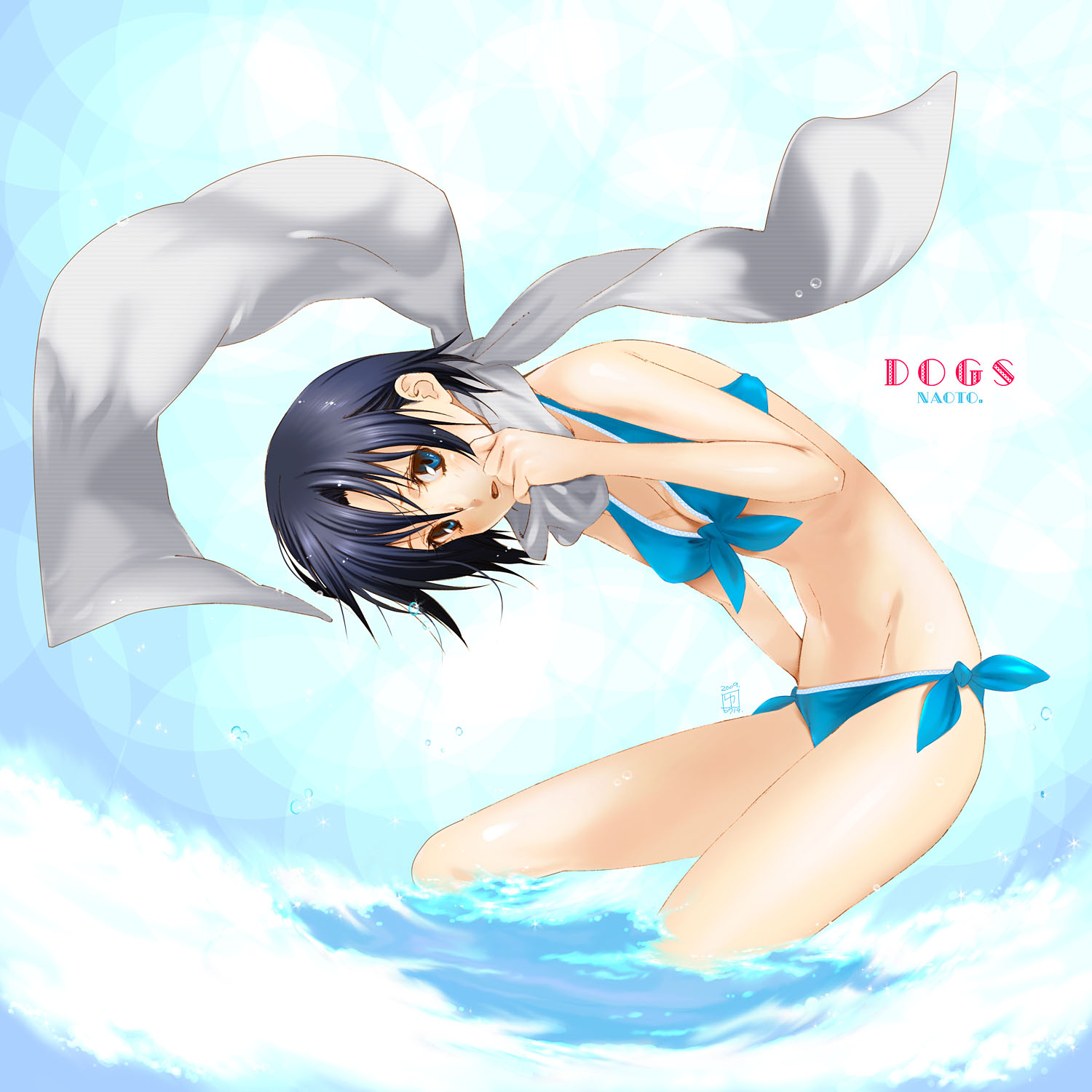 yukimitsuki, fuyumine naoto, dogs: bullets & carnage, bad id, bad pixiv id, highres, 1girl, beach, bikini, black hair, blue bikini, blue eyes, cloud, day, female focus, front-tie top, scar, scarf, short hair, side-tie bikini bottom, skinny, sky, solo, summer, sunlight, swimsuit