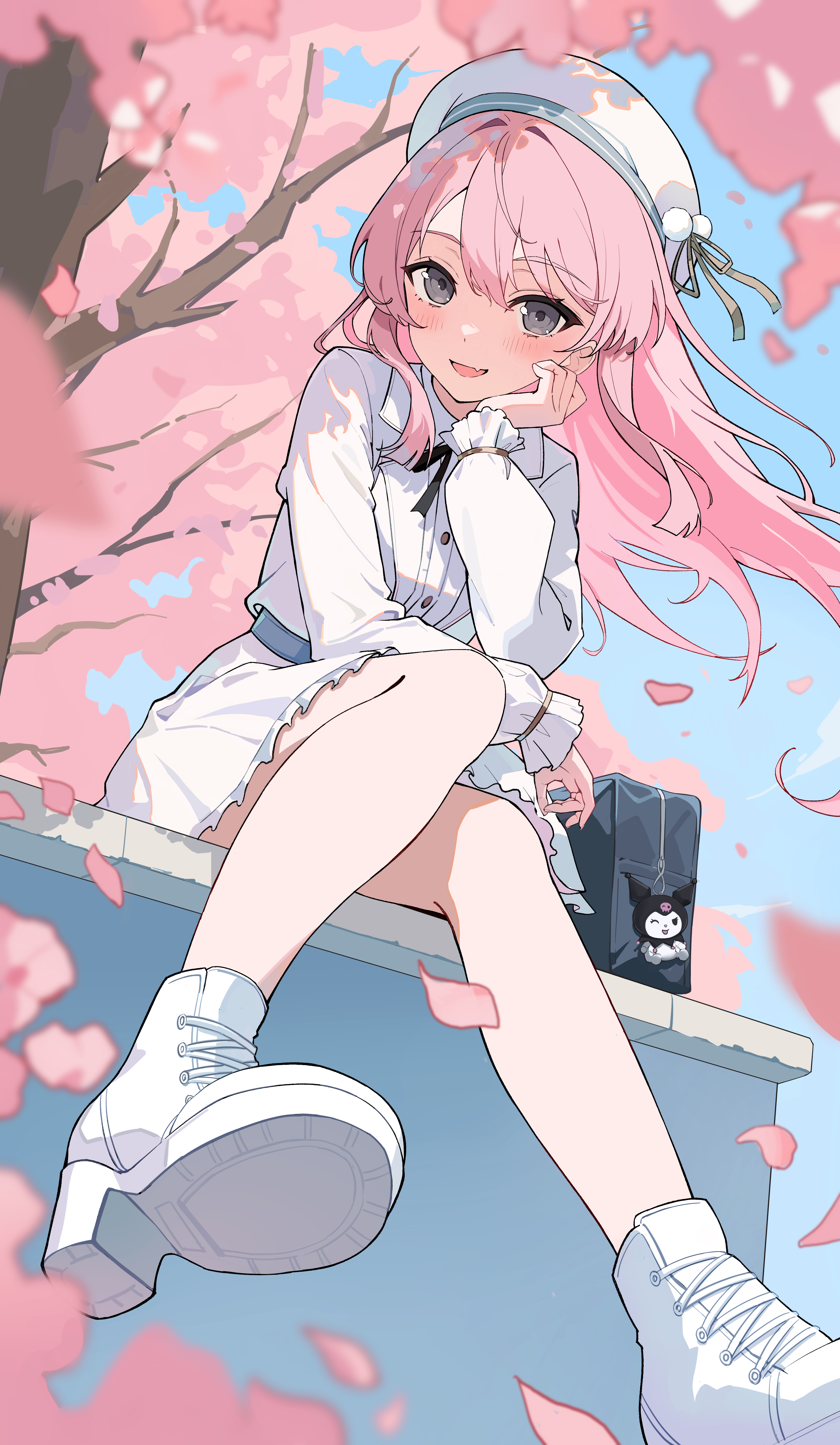 setsunelhr, chihaya anon, bang dream!, bang dream! it's mygo!!!!!, absurdres, commentary, highres, 1girl, bag, bag charm, beret, black ribbon, blurry, blush, charm (object), cherry blossoms, depth of field, fang, full body, grey eyes, hair between eyes, hat, long hair, long sleeves, looking at viewer, open mouth, pink hair, pleated skirt, pom pom hat ornament, ribbon, school bag, shirt, shoes, sitting, skin fang, skirt, sky, smile, solo, tree, white hat, white shirt, white shoes, white skirt