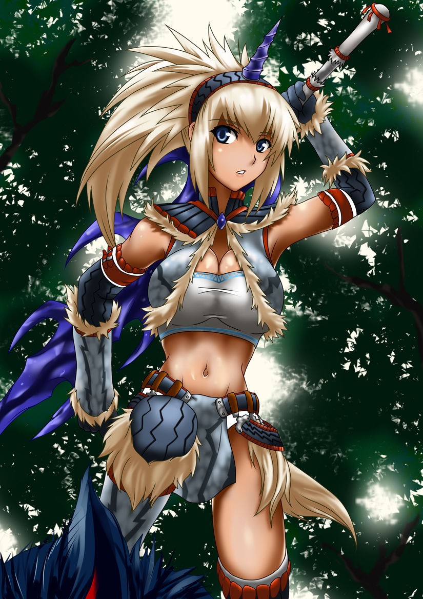 nishiumi yuuta, nargacuga, capcom, monster hunter (series), fur, 1girl, blue eyes, breasts, crop top, female focus, flapper shirt, horns, huge breasts, kirin (armor), large breasts, midriff, shirt, single horn, solo, thighhighs, vest