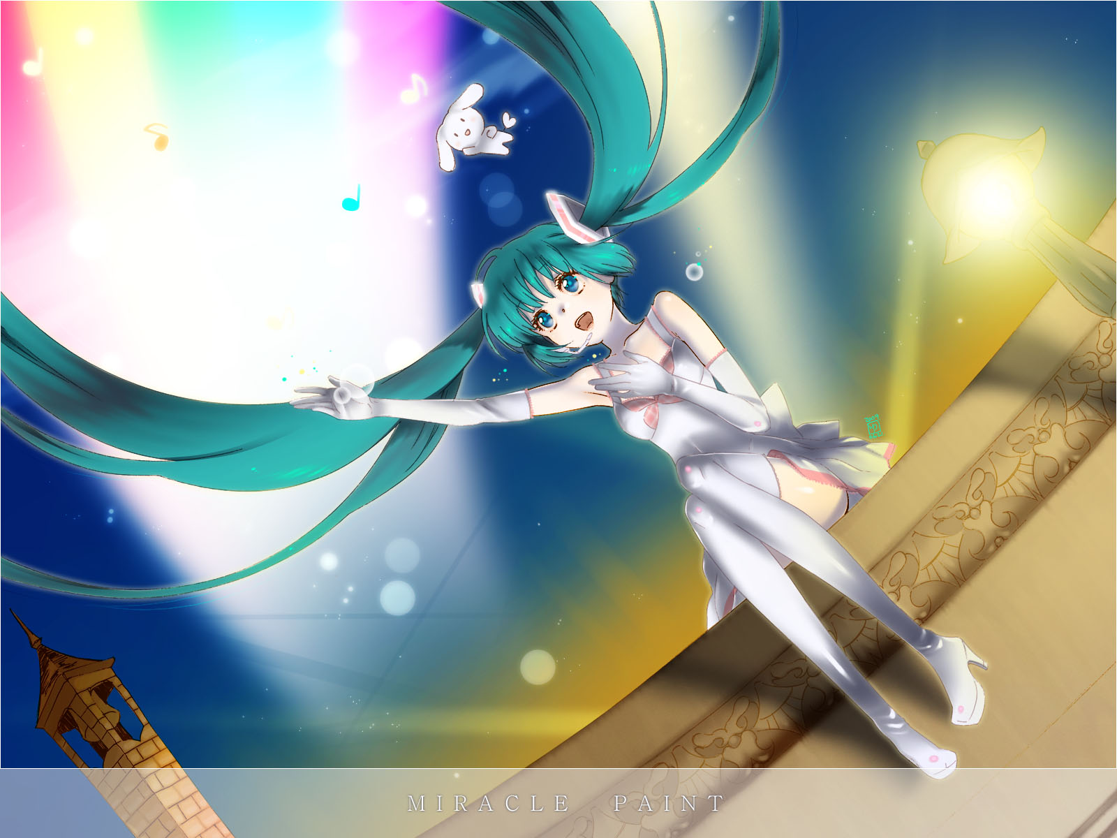 yukimitsuki, hatsune miku, fuwa fuwa cinnamoroll, miracle paint (vocaloid), sanrio, vocaloid, platform footwear, bad id, bad pixiv id, highres, aqua hair, blue eyes, dress, elbow gloves, gloves, headset, lamp, long hair, music, musical note, platform heels, rainbow, short dress, singing, smile, solo, spotlight, tower, twintails, very long hair, white gloves