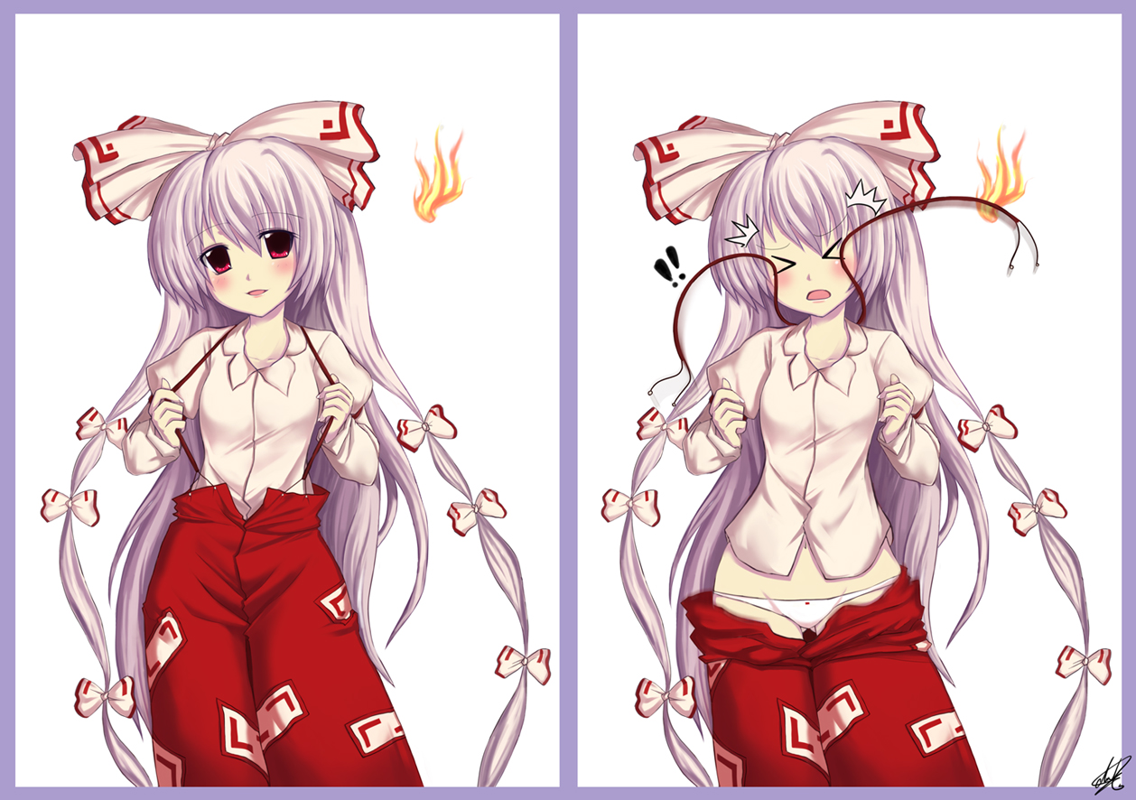 darkmaya, fujiwara no mokou, touhou, silver hair, > <, 1girl, accidental exposure, closed eyes, dress shirt, failure, female focus, hair ribbon, long hair, midriff, navel, panties, pants, pants falling, red eyes, ribbon, shirt, solo, suspenders, underwear, very long hair, wardrobe malfunction, you're doing it wrong