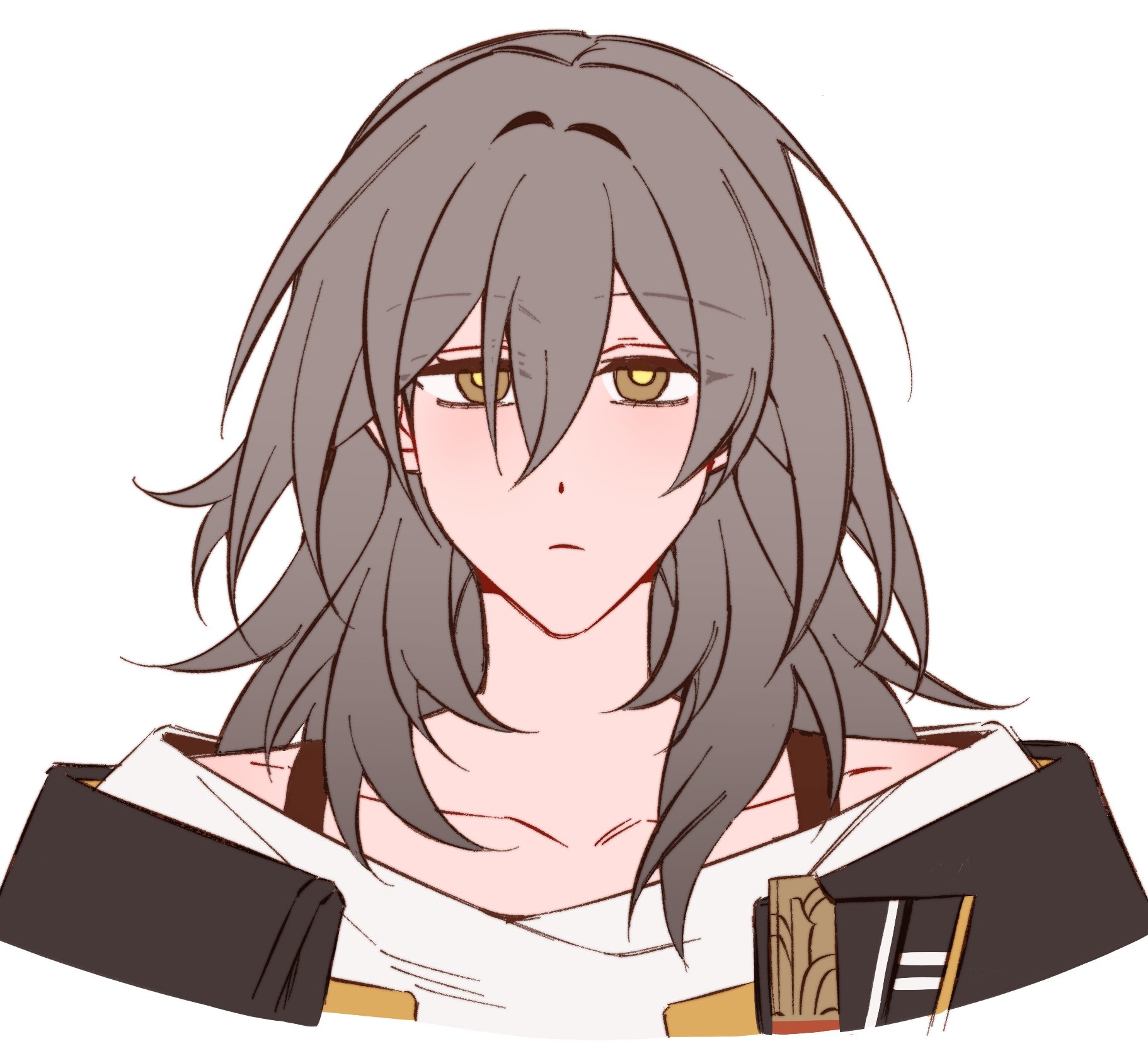 majunjuu, stelle (honkai: star rail), trailblazer (honkai: star rail), honkai: star rail, honkai (series), commentary, english commentary, highres, 1girl, black jacket, brown eyes, closed mouth, collarbone, empty eyes, grey hair, hair between eyes, half-closed eyes, jacket, lapels, long hair, looking at viewer, open clothes, open jacket, shirt, sidelocks, simple background, solo, t-shirt, upper body, white background, white hair, yellow pupils