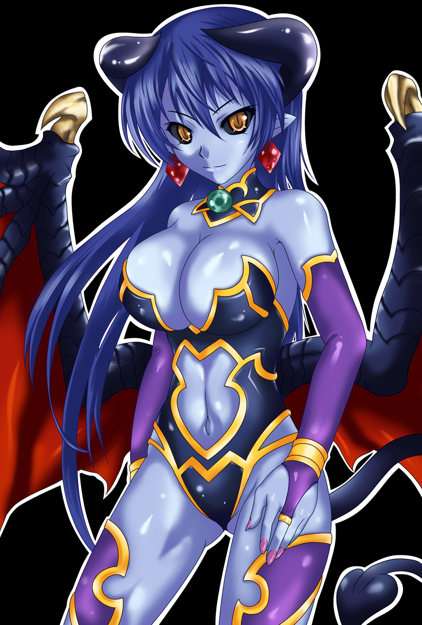 nishiumi yuuta, astaroth (shinrabanshou), shinrabanshou, highres, 1girl, armor, bare shoulders, bat wings, black background, black leotard, black sclera, blue hair, blue skin, bracelet, breasts, bridal gauntlets, brown hair, center opening, cleavage, clothing cutout, colored sclera, colored skin, demon girl, demon horns, demon tail, detached collar, earrings, elbow gloves, female focus, fingerless gloves, fingernails, gem, gloves, hair between eyes, hand on own thigh, heart, heart earrings, horns, jewelry, large breasts, legs apart, leotard, light smile, long fingernails, long hair, looking at viewer, midriff, nail polish, navel, navel cutout, orange eyes, outline, parted bangs, pink nails, pointy ears, purple thighhighs, red wings, shiny clothes, shiny skin, short hair, sideboob, simple background, smile, solo, standing, strapless, strapless leotard, tail, thighhighs, very long hair, wings, yellow eyes