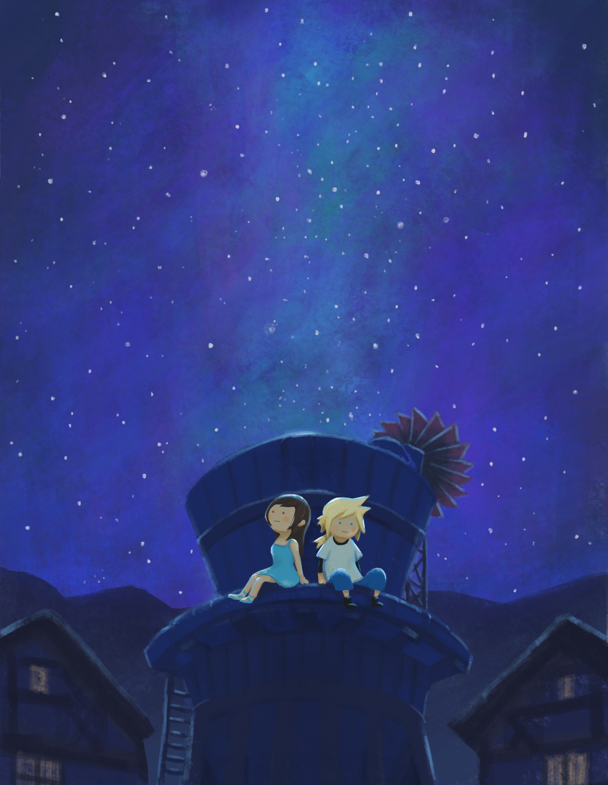 cloud strife, tifa lockhart, final fantasy, final fantasy vii, final fantasy vii remake, absurdres, highres, 1boy, 1girl, aged down, aqua dress, black hair, blonde hair, blue eyes, blue shorts, blush, building, cairn09, closed mouth, dress, full body, house, long hair, looking up, low ponytail, mountainous horizon, nibelheim, night, night sky, outdoors, ponytail, red eyes, sandals, scenery, shirt, shorts, sitting, sky, spiked hair, star (sky), starry sky, sundress, t-shirt, water tank, water tower, white shirt, windmill