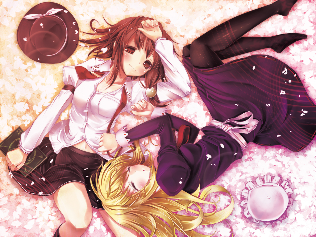 scarlet (studioscr), maribel hearn, usami renko, ghostly field club, touhou, bad id, bad pixiv id, 2girls, blonde hair, book, brown hair, female focus, hat, long hair, lying, multiple girls, on back, pantyhose, petals, smile