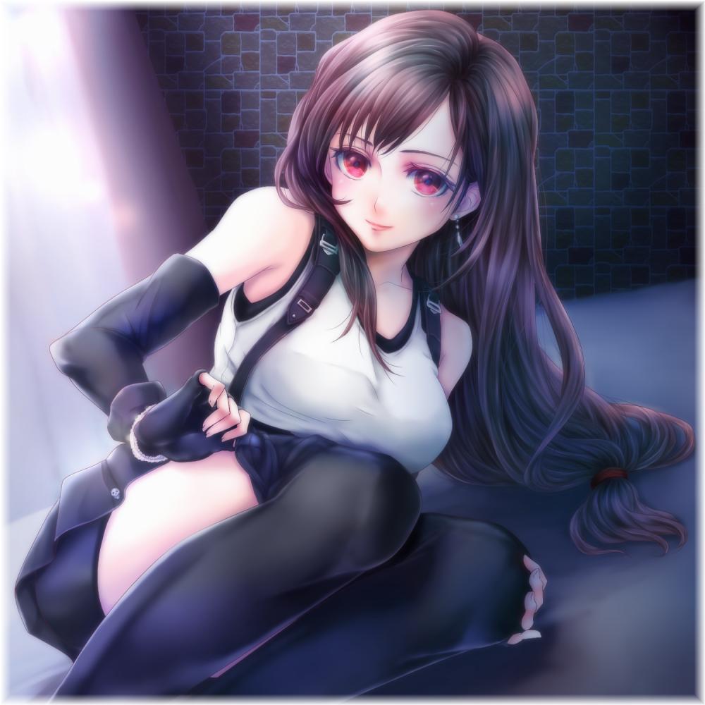 tifa lockhart, final fantasy, final fantasy vii, final fantasy vii remake, commentary request, 1girl, adjusting clothes, adjusting legwear, bare shoulders, bike shorts, bike shorts under skirt, black gloves, black hair, black skirt, black sports bra, black thighhighs, blush, breasts, closed mouth, crop top, earrings, elbow gloves, feet out of frame, fingerless gloves, gloves, jewelry, long hair, looking at viewer, medium breasts, miniskirt, red eyes, single sidelock, sitting, skirt, solo, sports bra, supernova ika, suspender skirt, suspenders, tank top, thighhighs, white tank top, yokozuwari