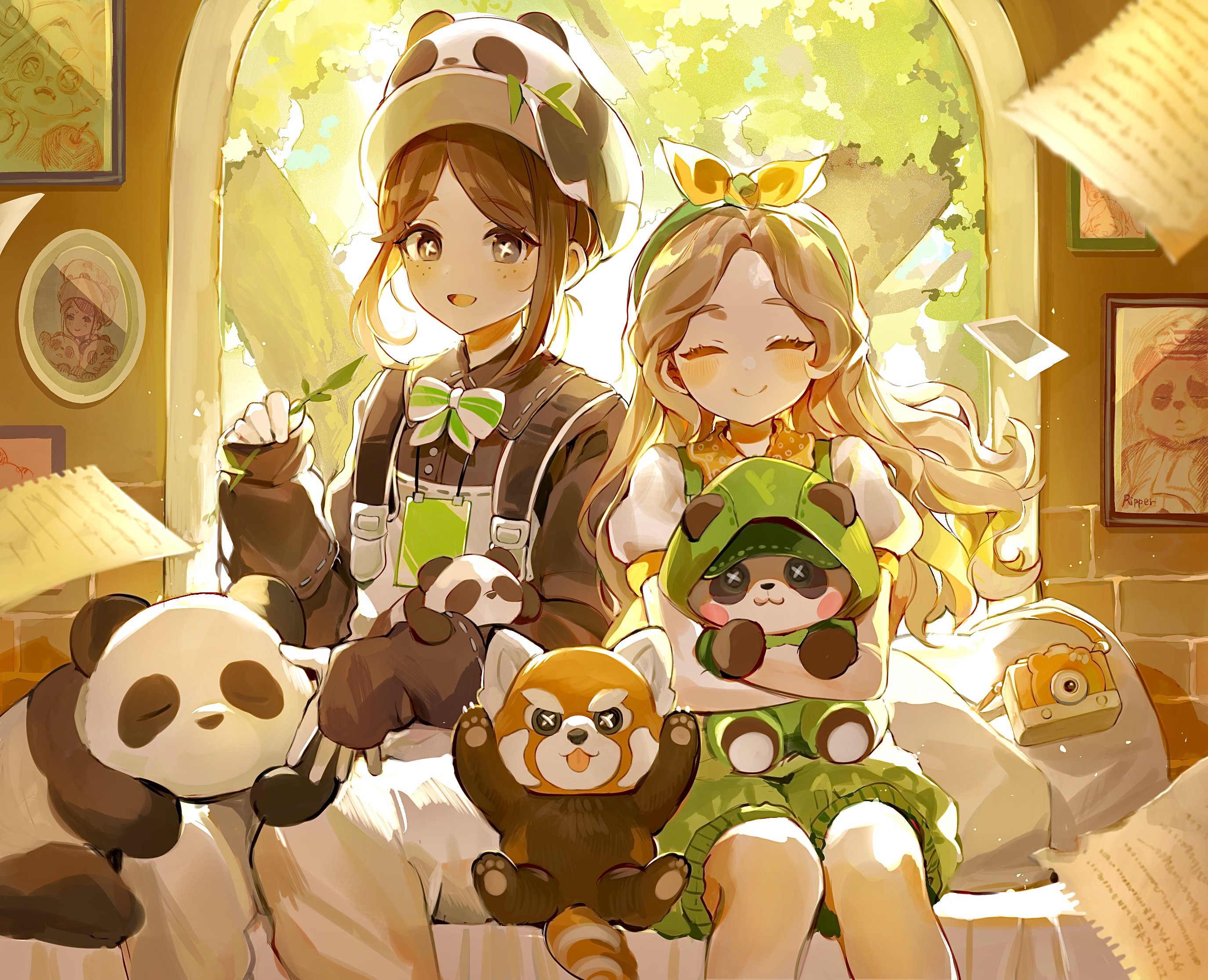hoge (n8sss), emma woods, emma woods (panda keeper), memory (identity v), memory (panda friend) (identity v), identity v, highres, 2girls, :d, backlighting, black eyes, black gloves, black shirt, blush, bow, bow hairband, bowtie, bright pupils, brown hair, c:, camera, closed eyes, contrast collar, cross-shaped pupils, feet out of frame, freckles, gloves, green bow, green bowtie, green hairband, green overalls, hairband, holding, holding stuffed toy, id card, long hair, looking at viewer, multiple girls, official alternate costume, open mouth, overalls, panda, panda hat, picture frame, puffy sleeves, raised eyebrows, red panda, shirt, sidelocks, single glove, sitting, sleeves past wrists, smile, stuffed animal, stuffed panda, stuffed toy, symbol-shaped pupils, tree, two-tone bow, two-tone bowtie, two-tone gloves, wavy hair, white bow, white bowtie, white gloves, white overalls, white pupils, white shirt, window, yellow bow