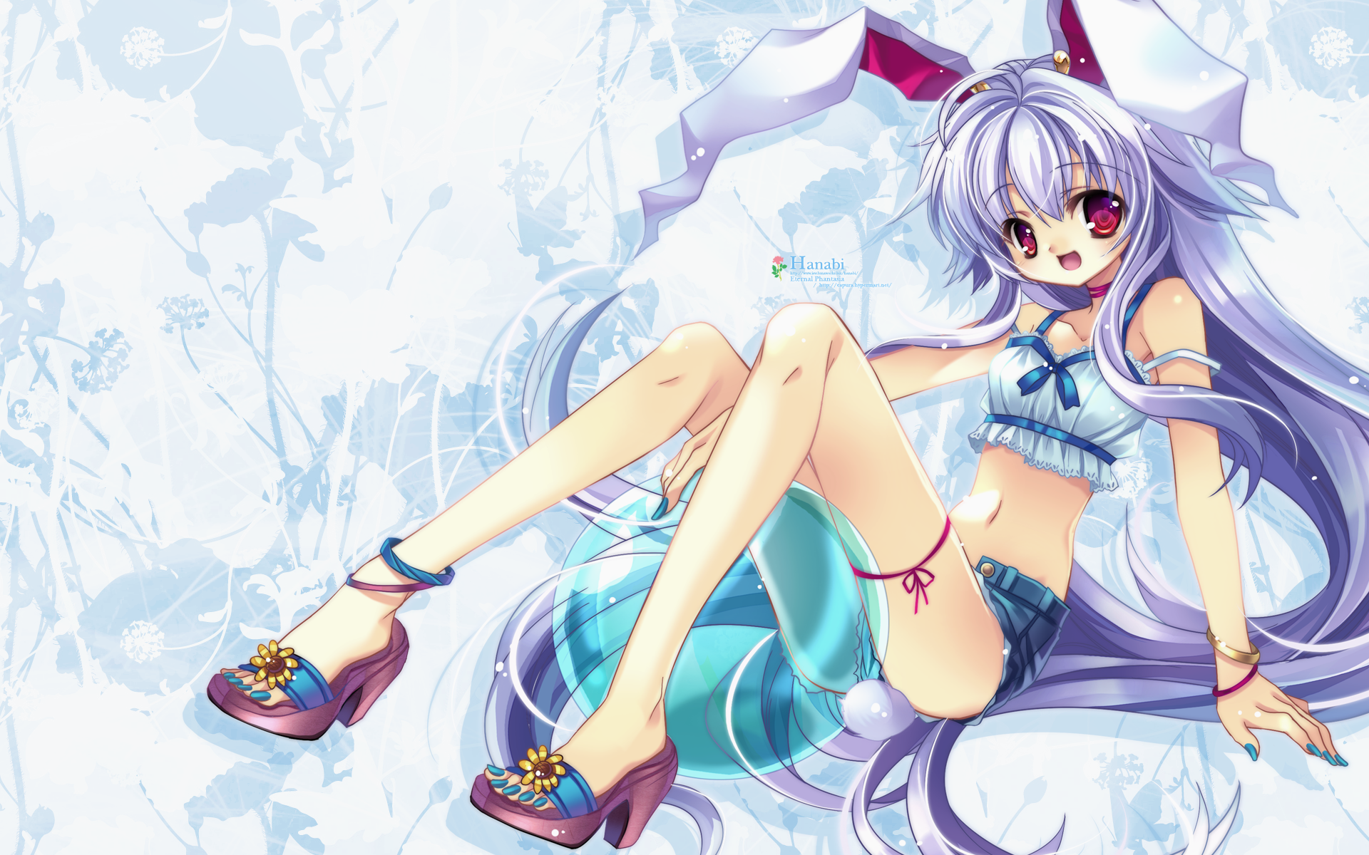 capura lin, reisen udongein inaba, touhou, highres, 1girl, animal ears, ball, beachball, blue nails, crop top, female focus, high heel sandals, high heels, long hair, midriff, nail polish, navel, open shoes, platform clogs, purple hair, rabbit ears, rabbit girl, rabbit tail, red eyes, sandals, shoes, shorts, sitting, solo, tail