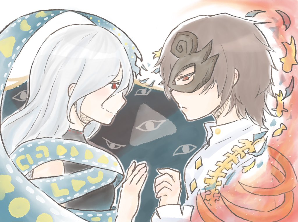 iwanaga ariya, yuiman asama, touhou, 2girls, brown hair, face-to-face, from side, half mask, kanamai0119, long hair, looking at another, mask, multiple girls, red eyes, short hair, white hair, yuri