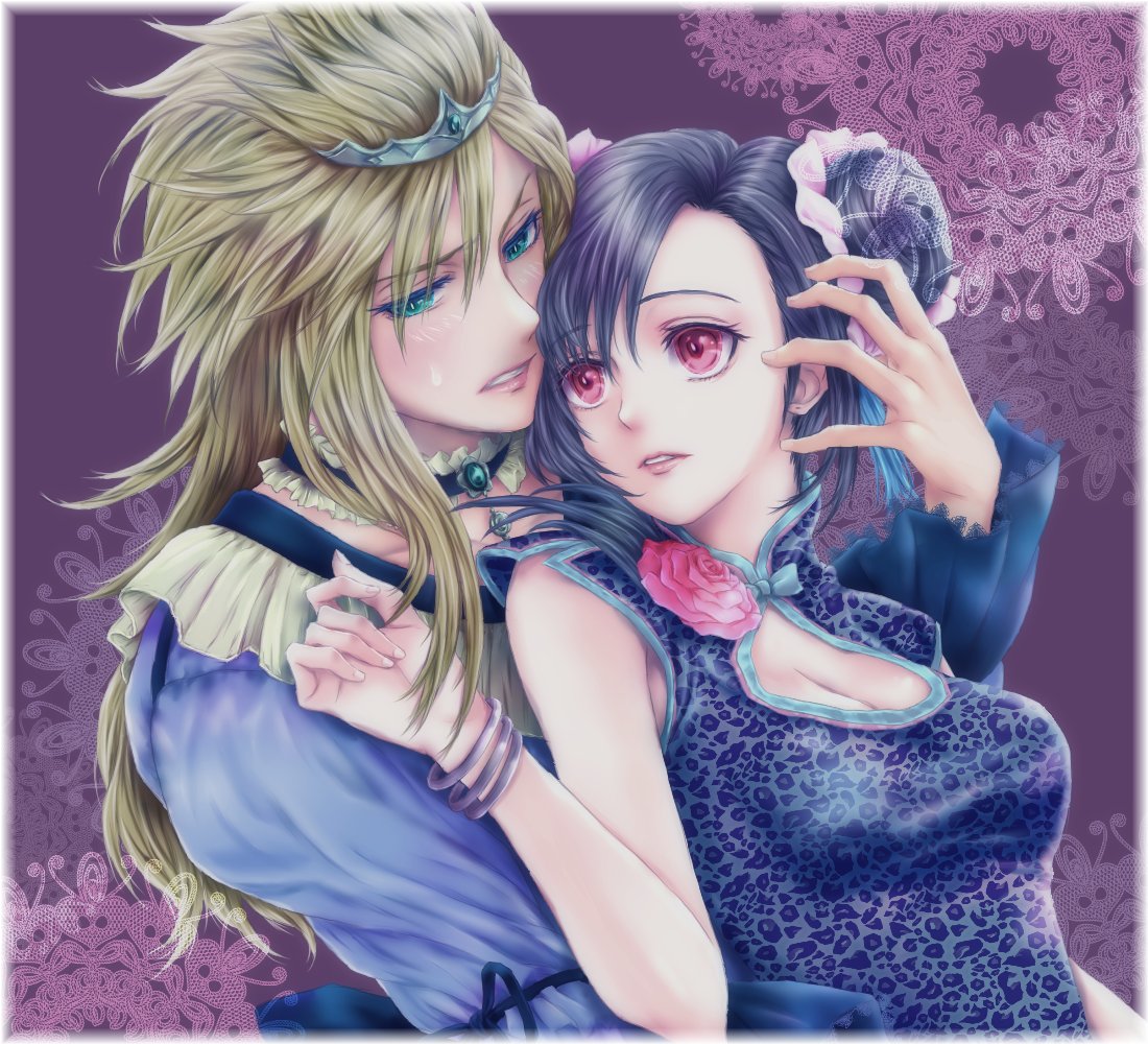 cloud strife, cloud strife (ball gown), tifa lockhart, tifa lockhart (sporty dress), final fantasy, final fantasy vii, final fantasy vii remake, commentary request, 1boy, 1girl, animal print, averting eyes, bangle, bare shoulders, black hair, blonde hair, blue eyes, blush, bracelet, breasts, china dress, chinese clothes, choker, cleavage, cleavage cutout, clothing cutout, crossdressing, crossdressing (mtf), double bun, dress, embarrassed, flower, flower dress, frilled choker, frills, grey dress, hair bun, hair ornament, jewelry, large breasts, leopard print, lips, long hair, looking at another, official alternate costume, official alternate hairstyle, parted lips, red eyes, red flower, supernova ika, sweatdrop, tiara, upper body
