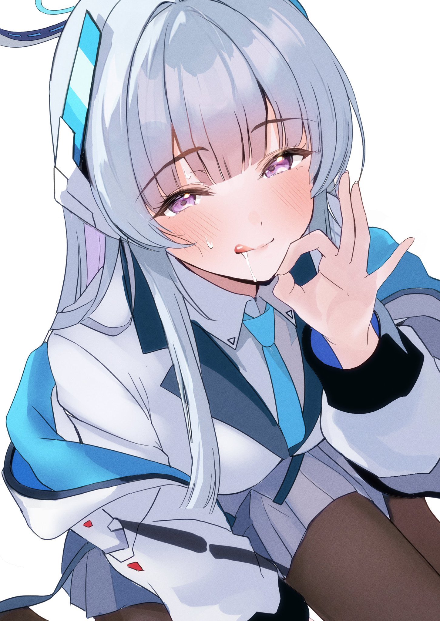 nakano kura, noa (blue archive), blue archive, highres, 1girl, blue necktie, blush, breasts, formal clothes, grey hair, halo, headgear, jacket, large breasts, long hair, long sleeves, looking at viewer, mechanical halo, necktie, ok sign, purple eyes, shirt, smile, suit, two-sided fabric, two-sided jacket, white hair, white halo, white jacket, white shirt, white suit