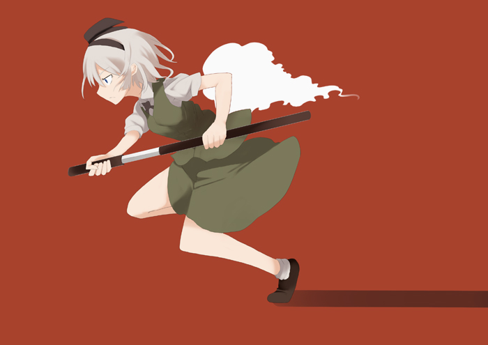mieharu, konpaku youmu, konpaku youmu (ghost), touhou, silver hair, 1girl, blue eyes, female focus, ghost, hairband, hitodama, katana, ribbon, short hair, solo, sword, weapon