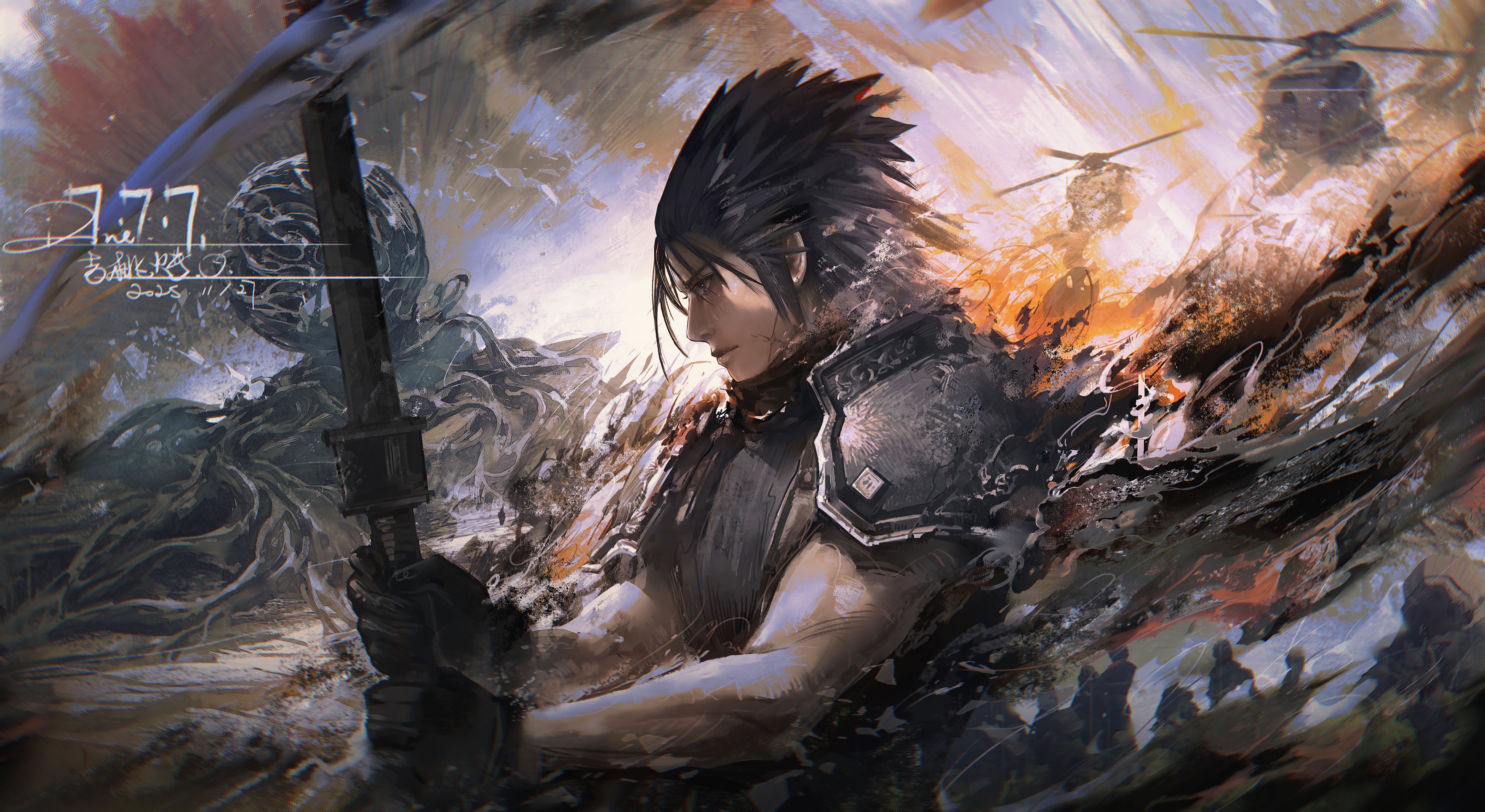 zack fair, crisis core: final fantasy vii, final fantasy, final fantasy vii, absurdres, commentary, highres, symbol-only commentary, 1boy, aircraft, armor, black gloves, black hair, black sweater, buster sword, closed mouth, cross scar, facial scar, from side, gloves, helicopter, holding, holding sword, holding weapon, male focus, outdoors, ppiinnee24, profile, scar, scar on cheek, scar on face, short hair, shoulder armor, sleeveless, sleeveless turtleneck, spiked hair, suspenders, sweater, sword, turtleneck, turtleneck sweater, upper body, weapon