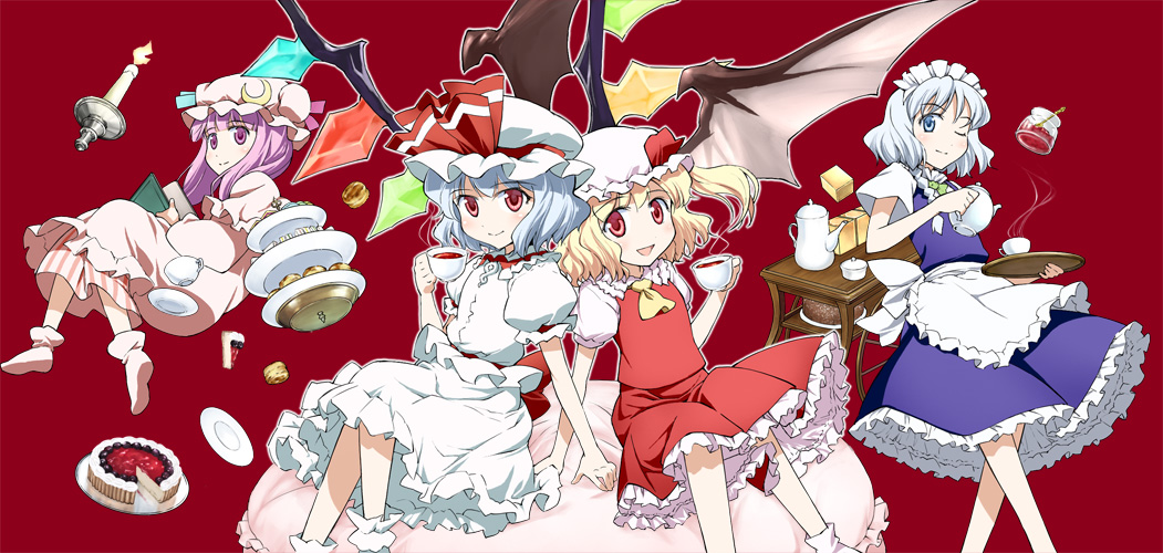 takahata yuki, flandre scarlet, izayoi sakuya, patchouli knowledge, remilia scarlet, embodiment of scarlet devil, touhou, 4girls, cake, candle, crescent, cup, drinking, female focus, food, hat, macaron, multiple girls, one eye closed, pastry, plate, red background, simple background, sitting, steam, teacup, teapot, tiered tray, tray, wings