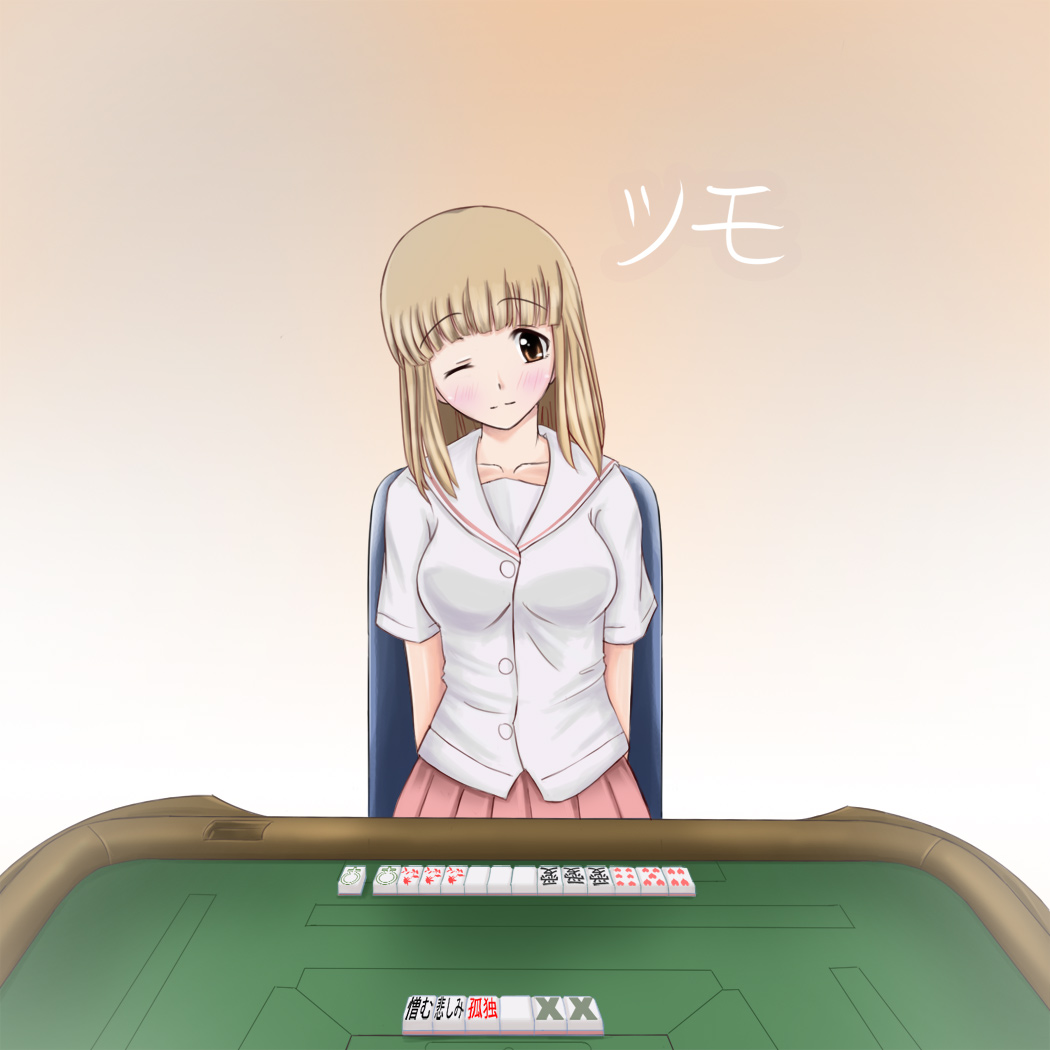 miang, fukuji mihoko, saki (manga), bad id, bad pixiv id, 00s, 1girl, blonde hair, board game, female focus, mahjong, one eye closed, school uniform, serafuku, smile, solo, table, wink