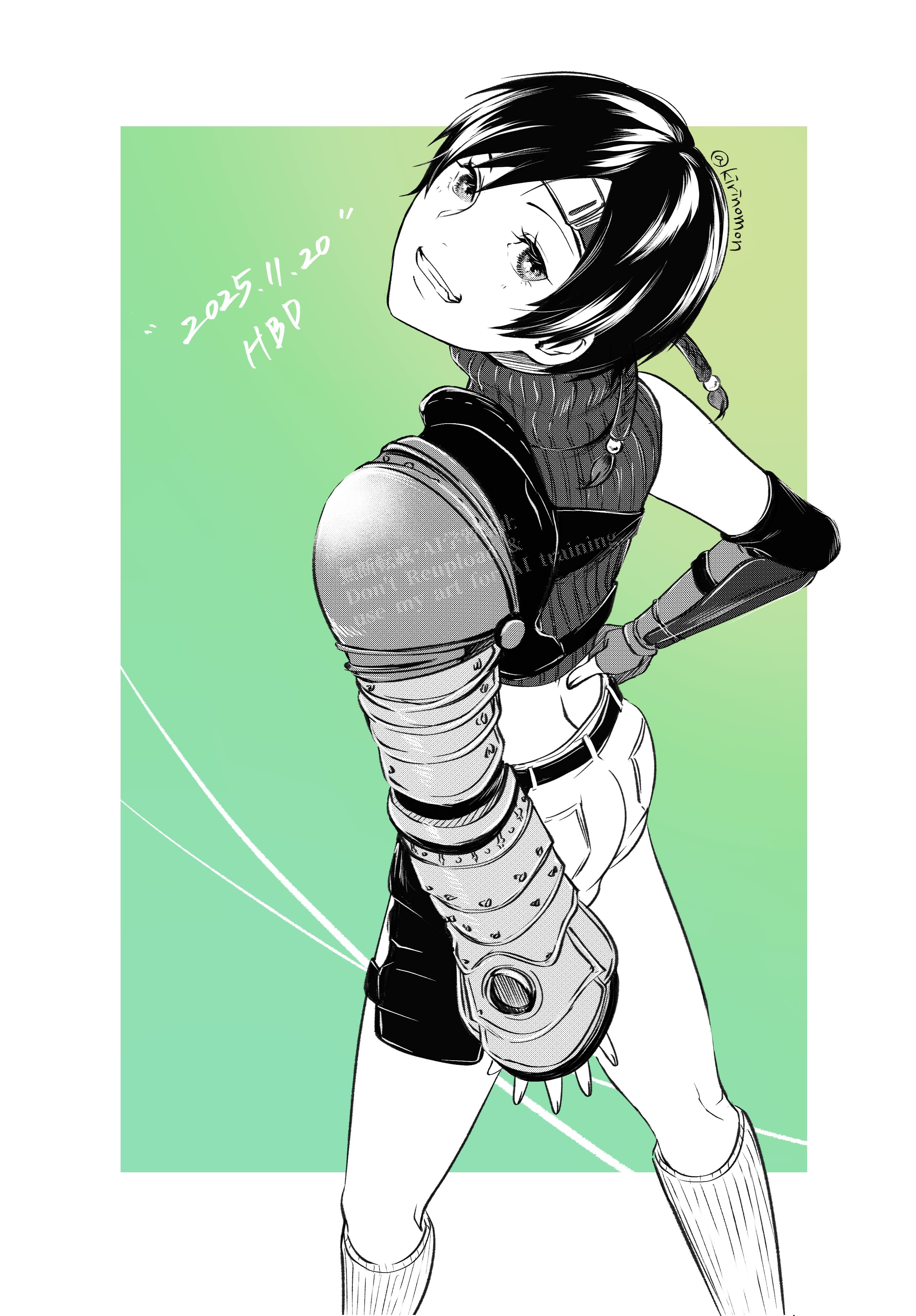 kirinomon, yuffie kisaragi, final fantasy, final fantasy vii, final fantasy vii rebirth, final fantasy vii remake, absurdres, commentary request, highres, 1girl, belt, birthday, border, cropped sweater, dated, elbow gloves, feet out of frame, fingerless gloves, from behind, from side, gloves, gradient background, green background, grin, hand on own hip, happy birthday, headband, looking at viewer, outside border, ribbed socks, ribbed sweater, short hair, shorts, single shoulder pad, sleeveless, sleeveless turtleneck, smile, socks, solo, sweater, turtleneck, turtleneck sweater, white border