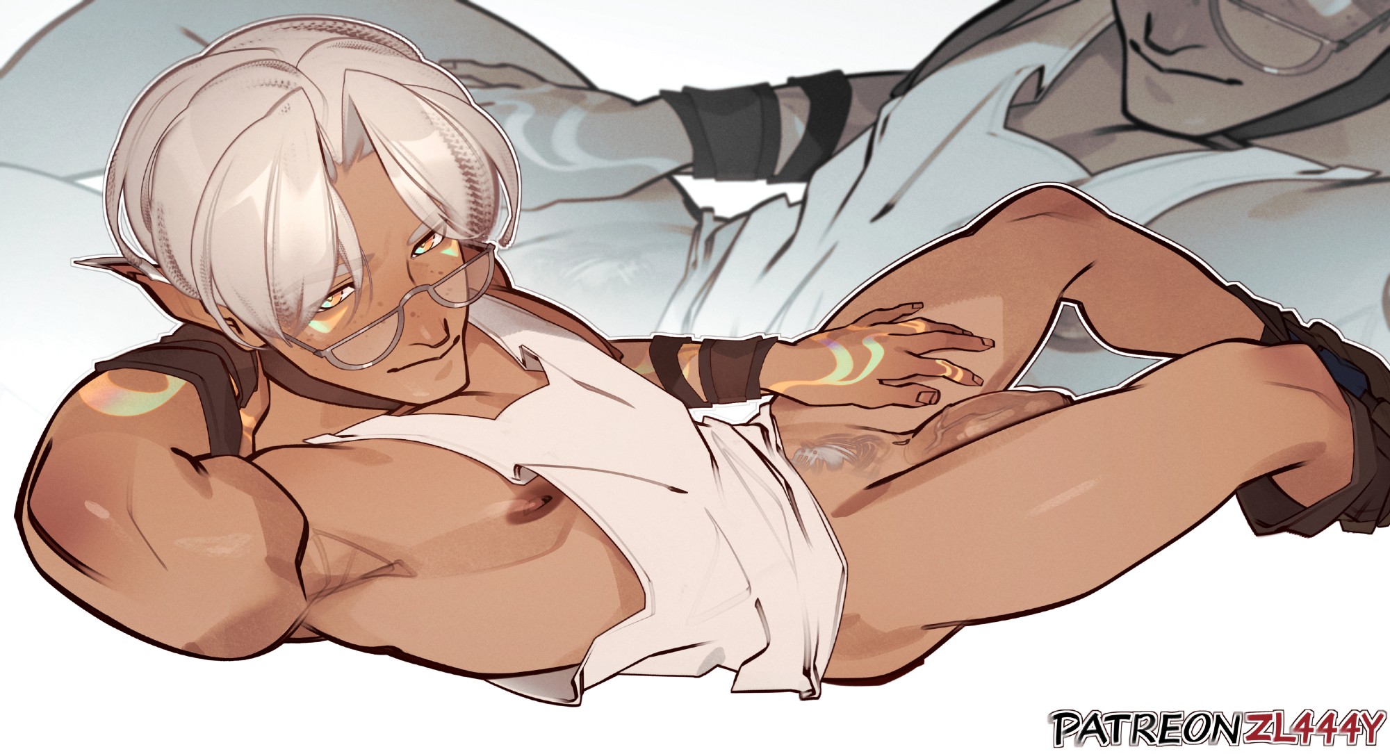 zl444y, original, highres, 1boy, armpits, clothes pull, curtained hair, foreskin, freckles, glasses, half-erect, looking at viewer, male focus, male pubic hair, nipples, pants, pants pull, patreon username, penis, pubic hair, short hair, solo, tank top, thighs, veins, veiny penis, white hair, white pubic hair, white tank top, yellow eyes