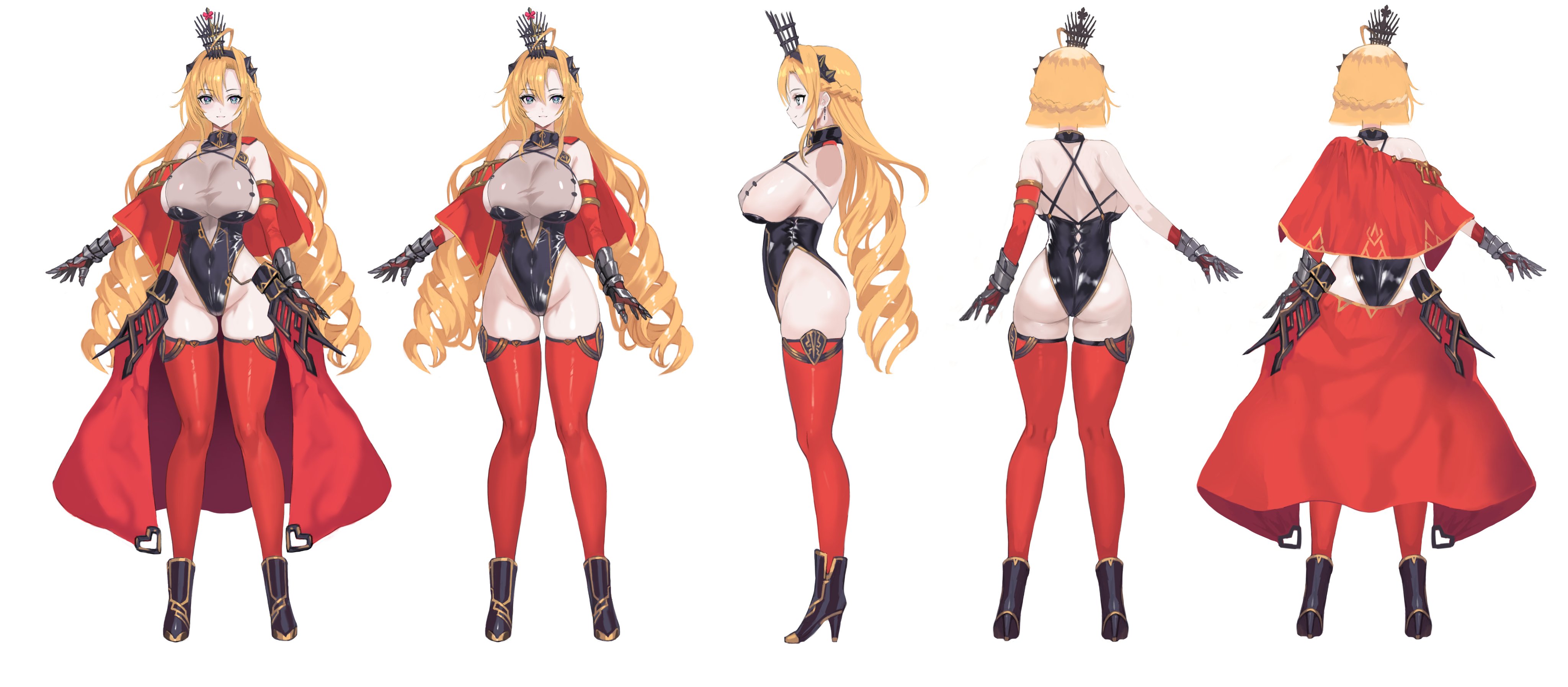 yoshiku (oden-usagi), original, absurdres, commentary request, highres, second-party source, 1girl, ass, bare shoulders, black boots, blue eyes, boots, breasts, capelet, crown, drill hair, full body, gold trim, highleg, highleg leotard, large breasts, leotard, long hair, looking at viewer, multiple views, red capelet, red thighhighs, reference sheet, sideboob, thighhighs, turnaround, twin drills, very long hair