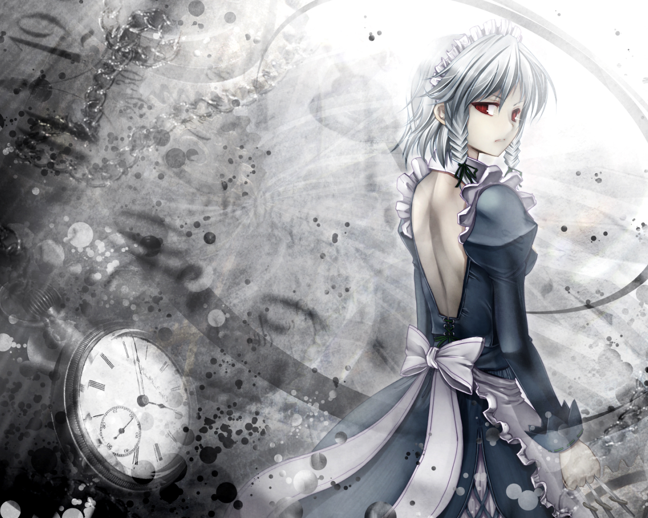 scarlet (studioscr), izayoi sakuya, embodiment of scarlet devil, touhou, silver hair, 1girl, back, backless dress, backless outfit, braid, dress, female focus, knife, looking back, maid, pocket watch, red eyes, short hair, solo, twin braids, watch