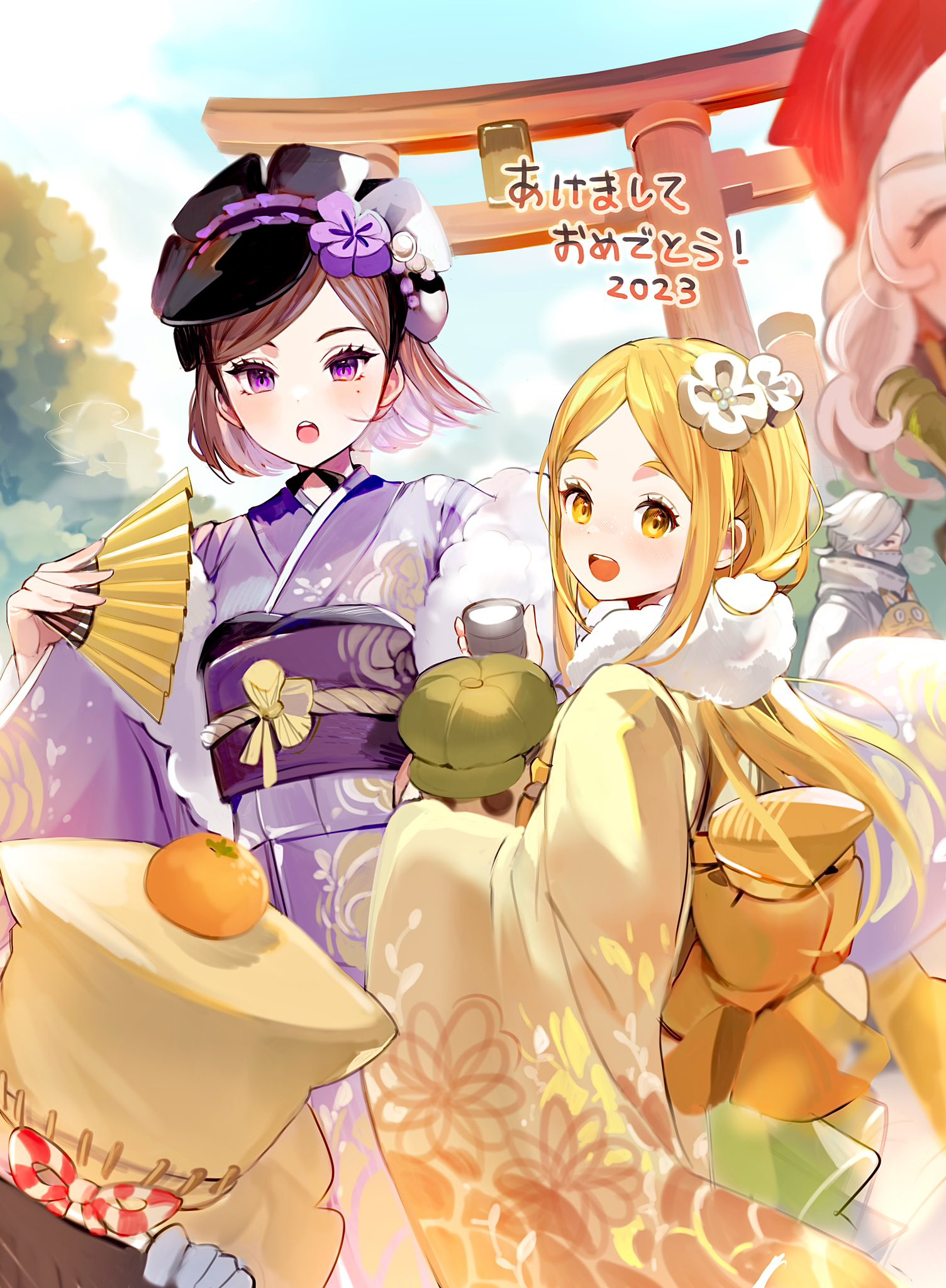 hoge (n8sss), aesop carl, demi bourbon, memory (identity v), robbie (identity v), vera nair, identity v, highres, 2boys, 3girls, :d, :o, alternate costume, bag over head, blonde hair, bob cut, brown hair, closed eyes, eyelashes, floating hair, floral print, floral print kimono, flower, food, food on head, fruit, fruit on head, fur-trimmed kimono, fur trim, furisode, hair flower, hair ornament, hand fan, holding, holding fan, japanese clothes, kimono, looking at viewer, mask, mole, mole under eye, mouth mask, multiple boys, multiple girls, obi, obiage, object on head, open mouth, out of frame, ponytail, print kimono, purple eyes, purple kimono, raised eyebrows, sash, short ponytail, side part, smile, tareme, torii, tsurime, white hair, wide sleeves, yellow eyes, yellow kimono